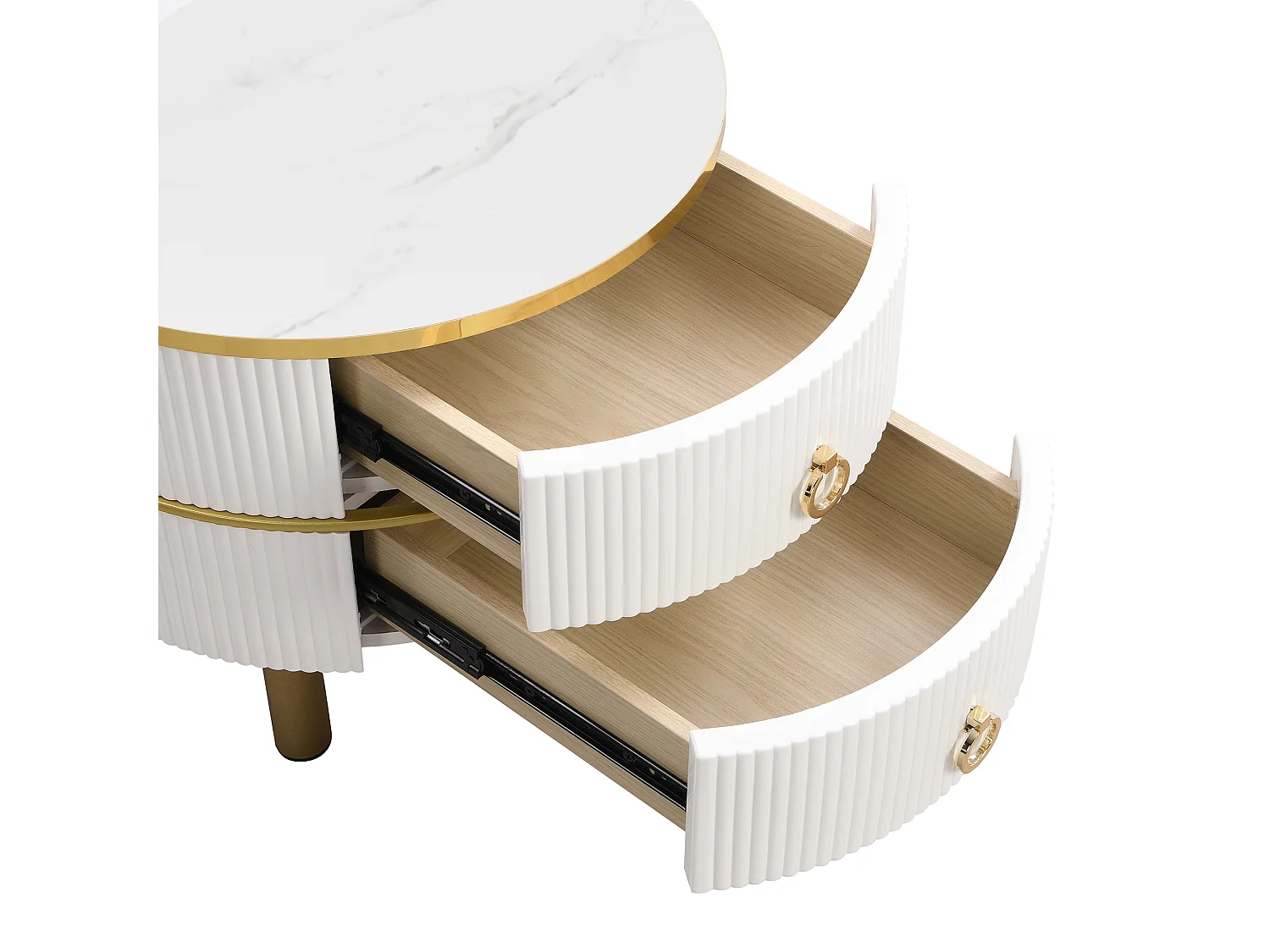 Tavolino rotondo 2 in 1 in MDF con piano in vetro temperato bianco e marrone, 2 cassetti, (70x70x45 + 50x50x40 cm)