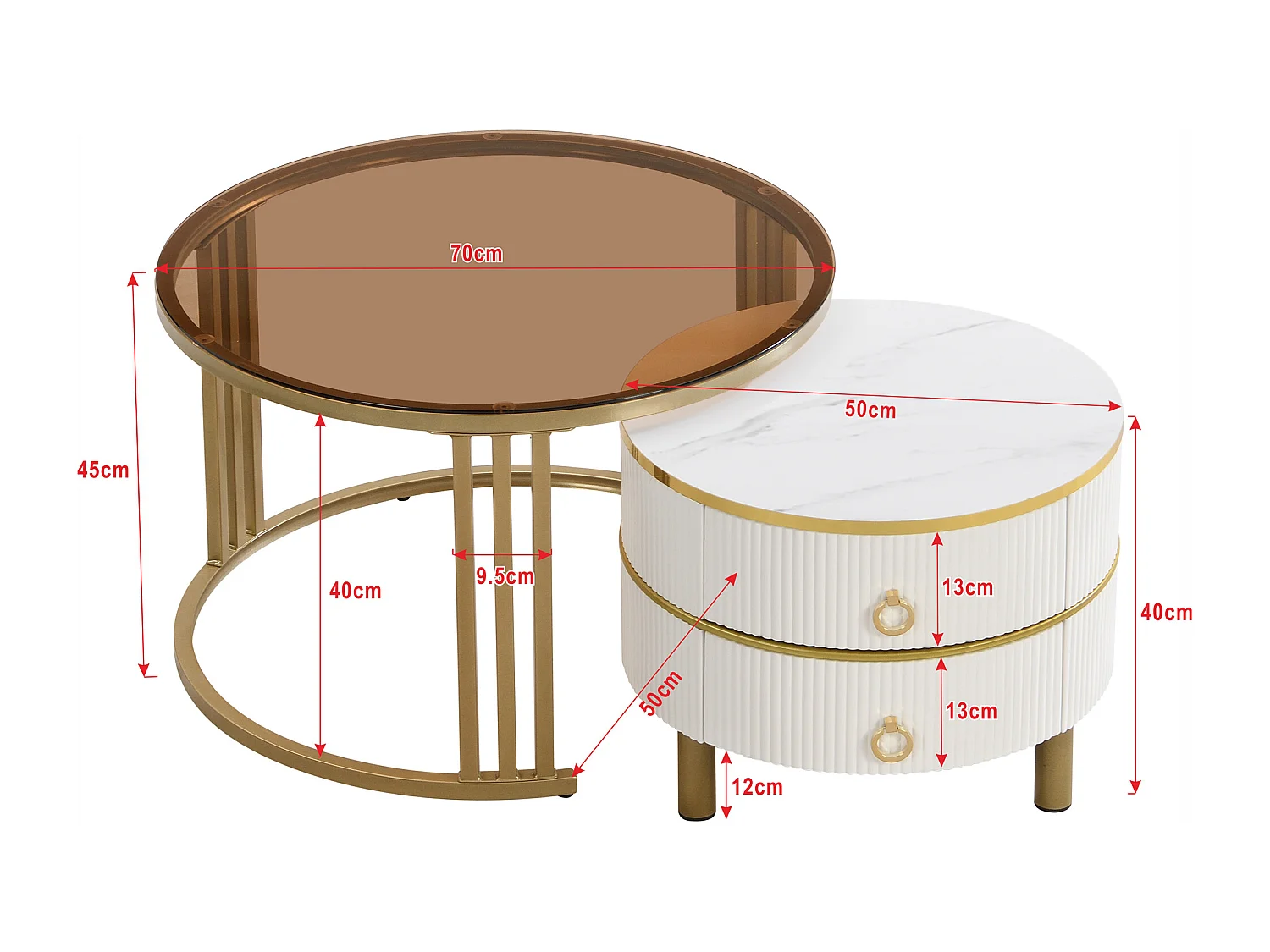 Table basse ronde 2-en-1 en MDF, avec plateau en verre trempé blanc et marron, 2 tiroirs, (70x70x45 + 50x50x40 cm)