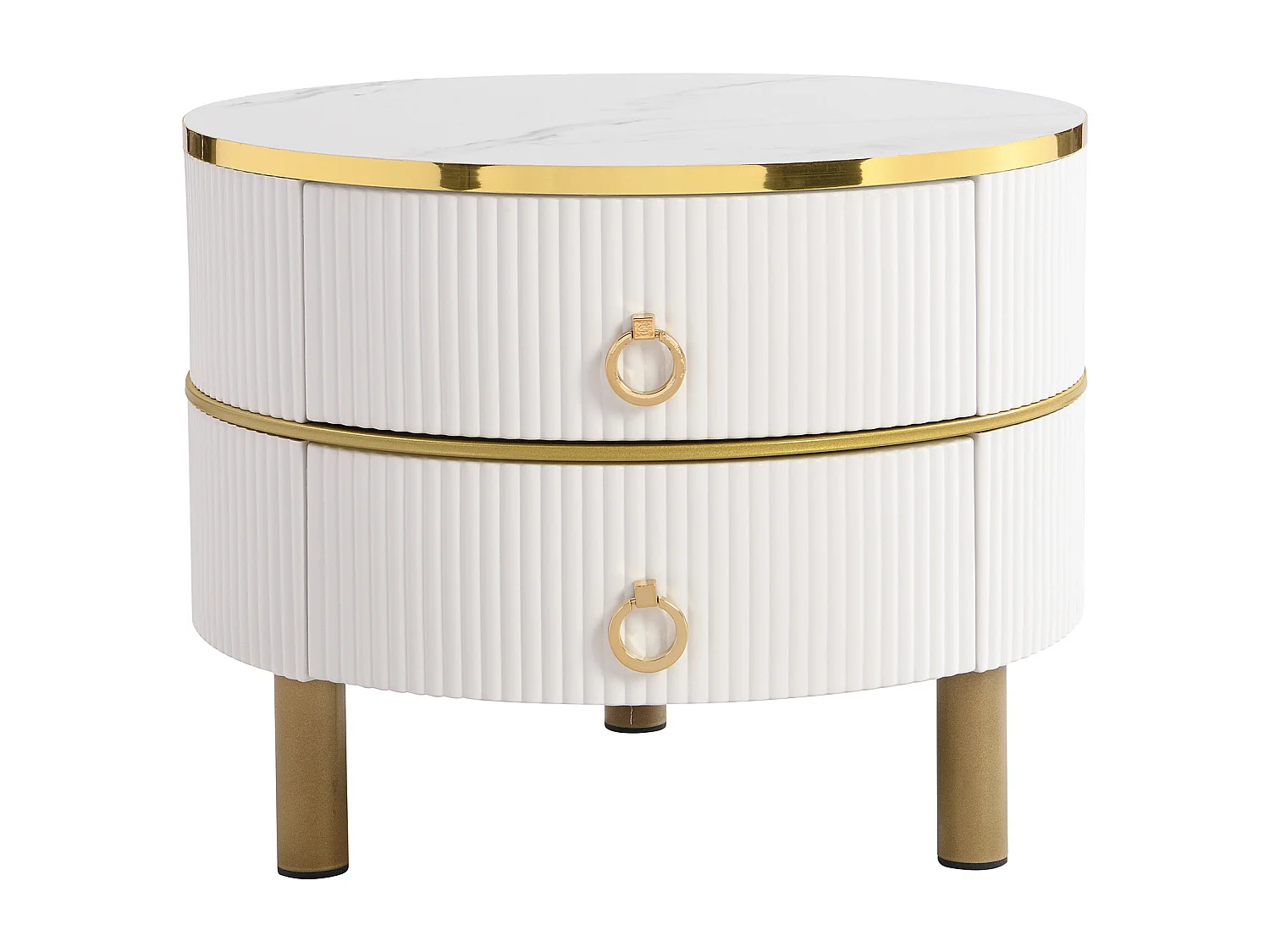 Table basse ronde 2-en-1 en MDF, avec plateau en verre trempé blanc et marron, 2 tiroirs, (70x70x45 + 50x50x40 cm)