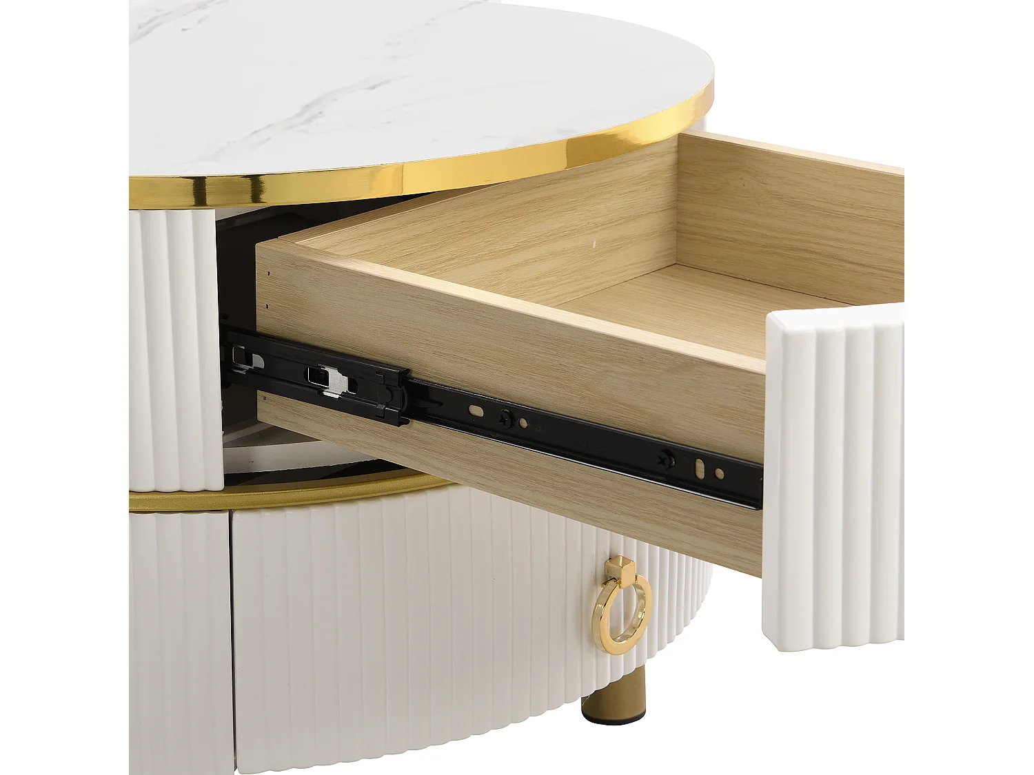 Table basse ronde 2-en-1 en MDF, avec plateau en verre trempé blanc et marron, 2 tiroirs, (70x70x45 + 50x50x40 cm)