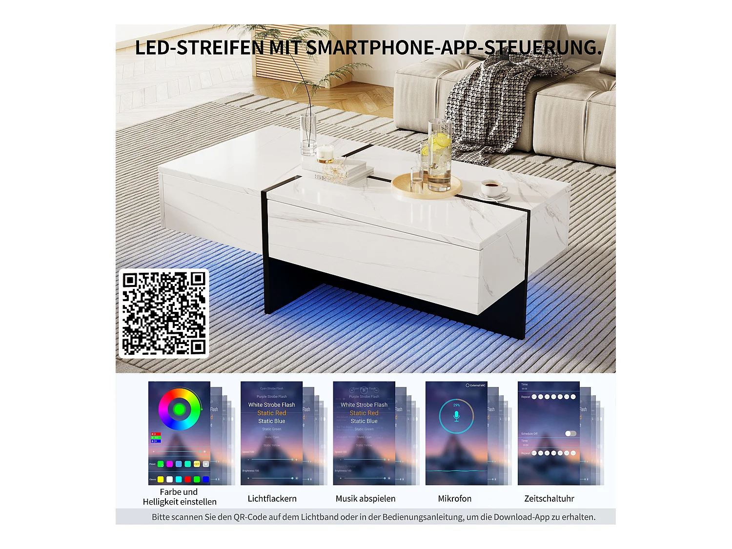 Tavolino da caffè lucido con superficie effetto marmo bianco, struttura colorblock nera, con illuminazione LED controllata tramite app (100x50x34,5 cm)