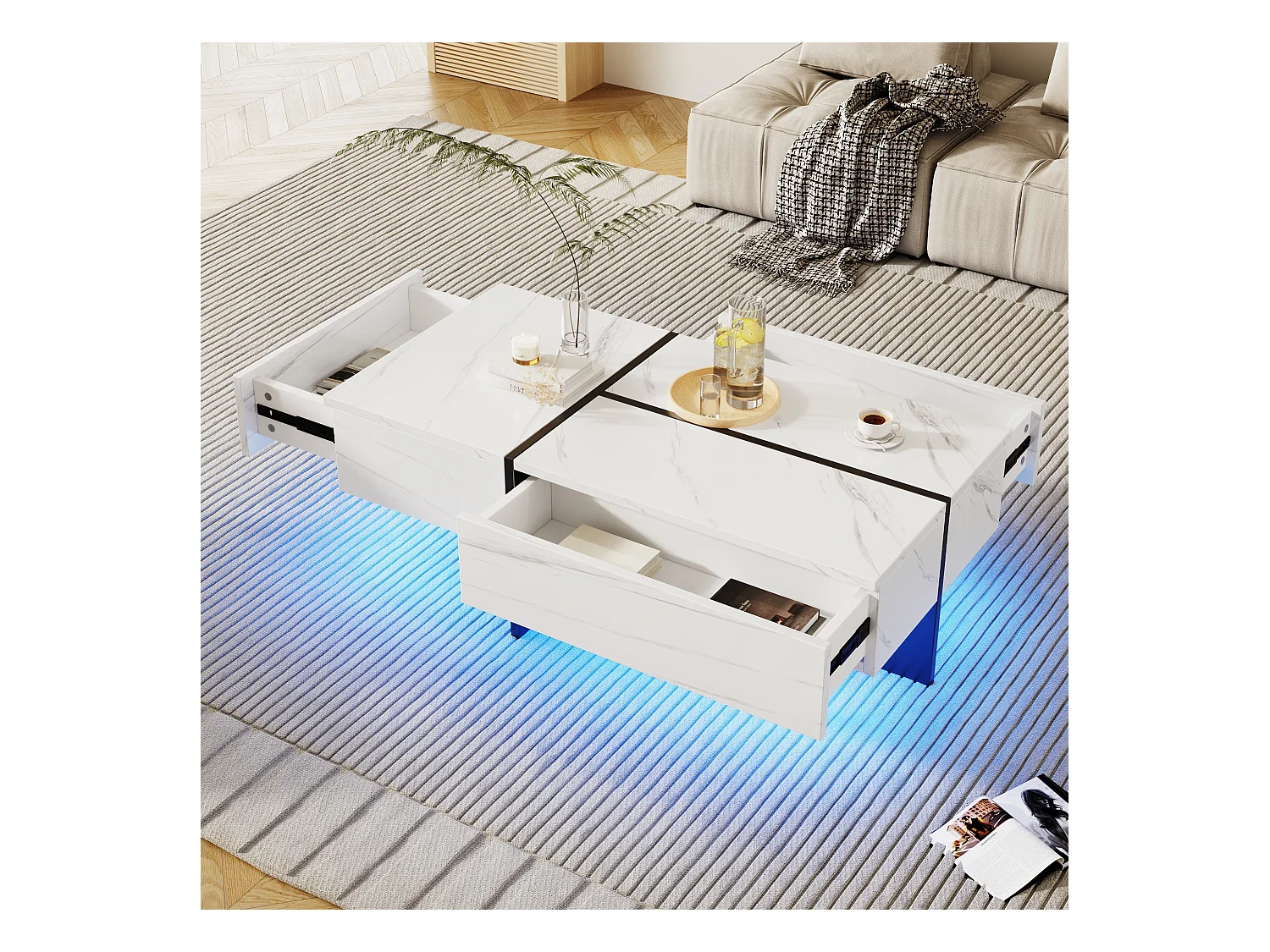 Tavolino da caffè lucido con superficie effetto marmo bianco, struttura colorblock nera, con illuminazione LED controllata tramite app (100x50x34,5 cm)