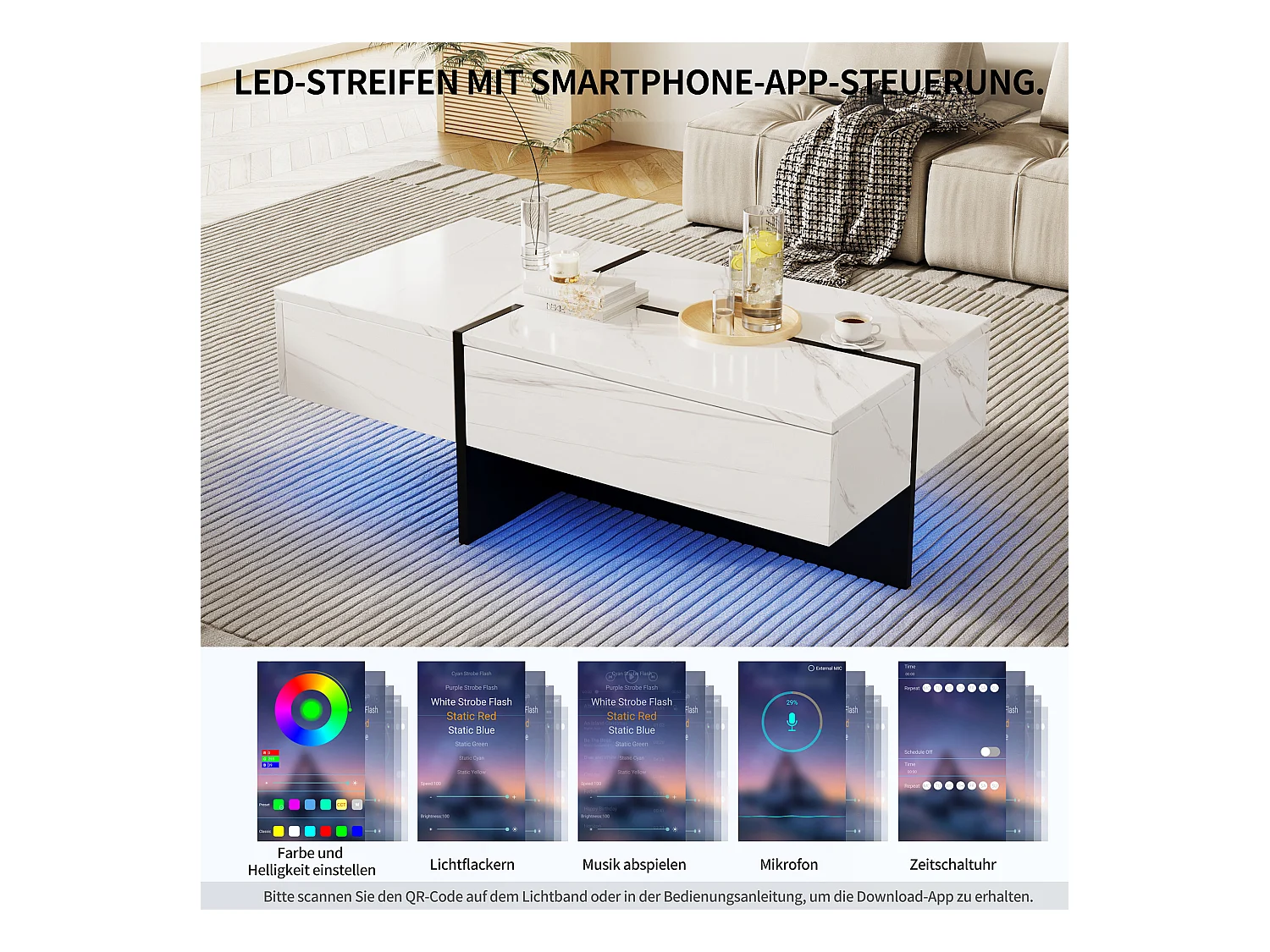 Tavolino da caffè lucido con superficie effetto marmo bianco, struttura colorblock nera, con illuminazione LED controllata tramite app (100x50x34,5 cm)