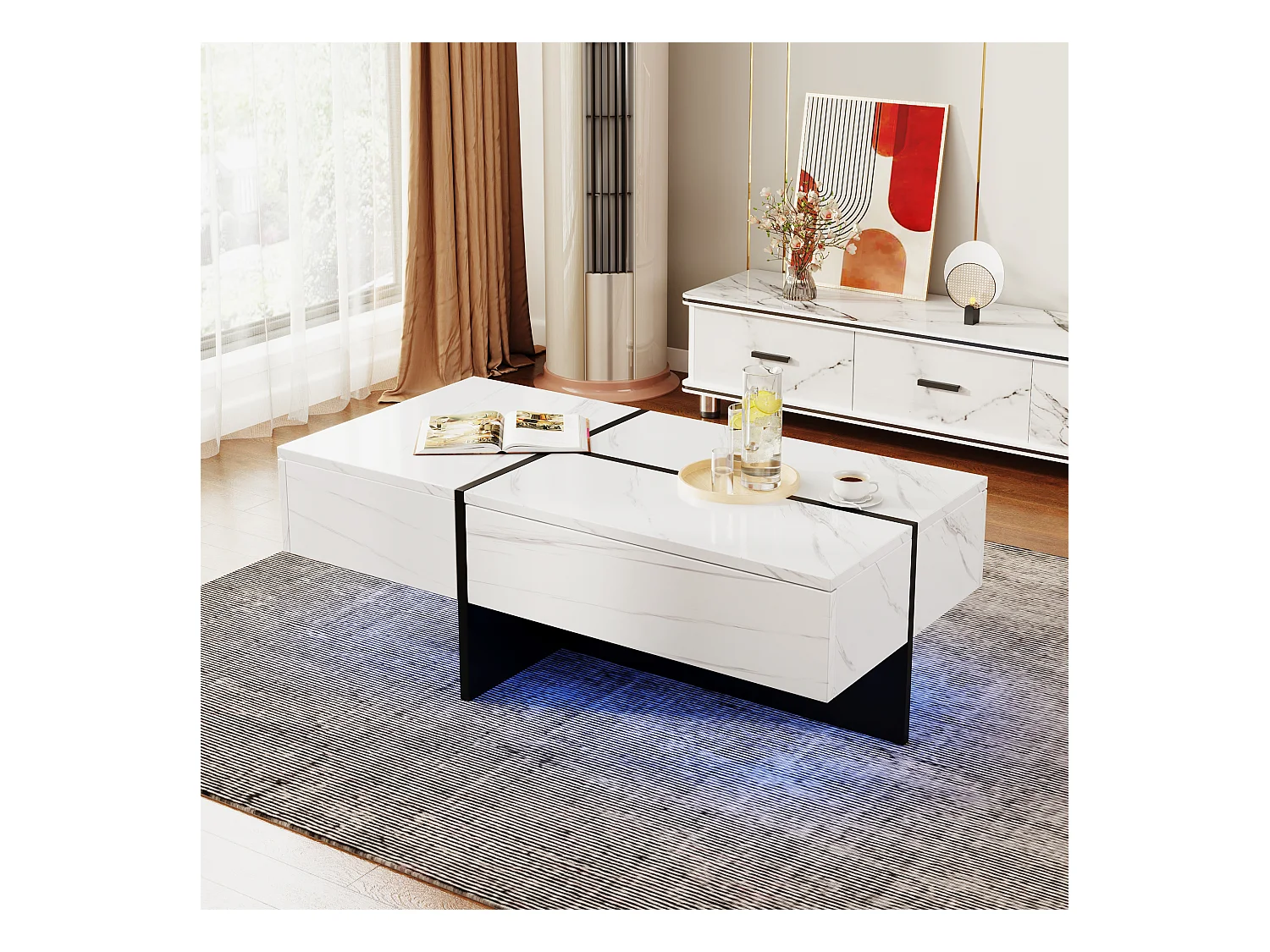 Tavolino da caffè lucido con superficie effetto marmo bianco, struttura colorblock nera, con illuminazione LED controllata tramite app (100x50x34,5 cm)