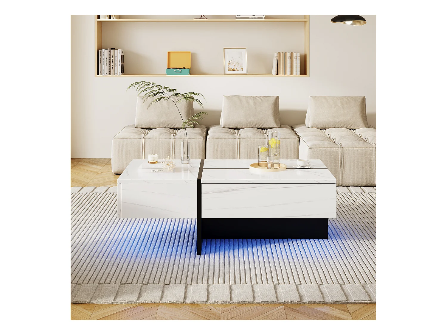 Tavolino da caffè lucido con superficie effetto marmo bianco, struttura colorblock nera, con illuminazione LED controllata tramite app (100x50x34,5 cm)