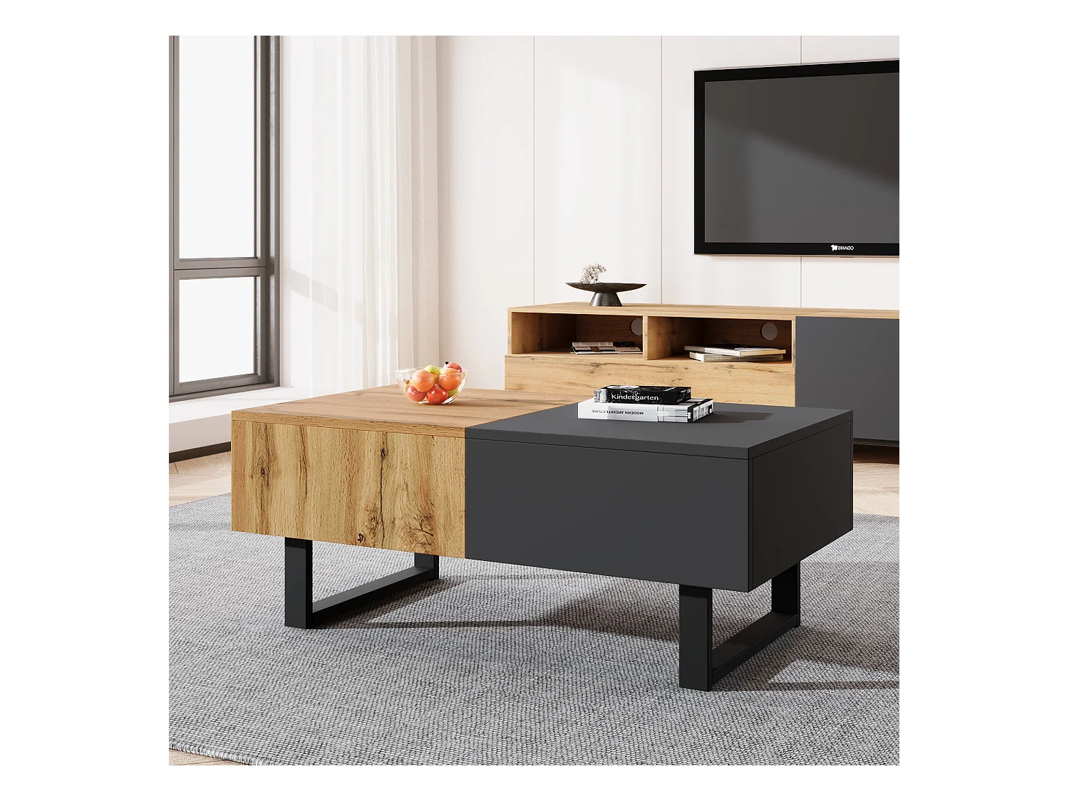 Tavolino da caffè scorrevole moderno multifunzionale, con vano portaoggetti nascosto, in truciolato, metallo naturale e antracite (155x55x40 cm)