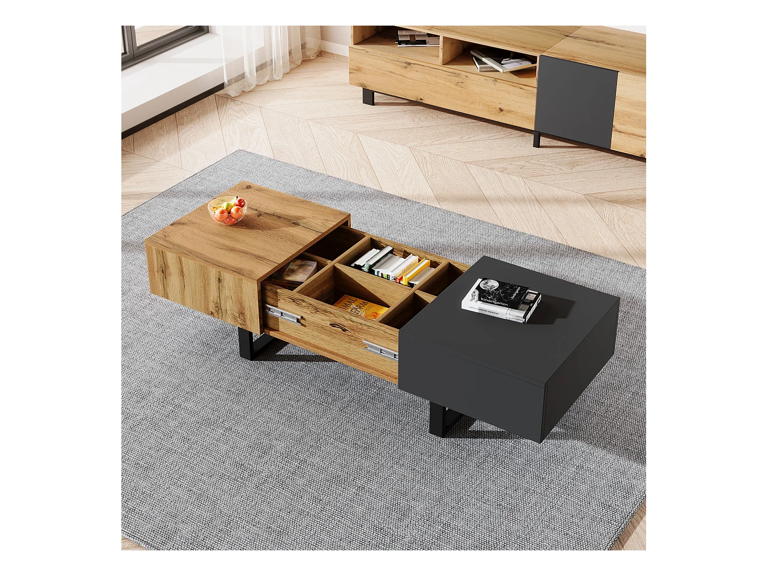 Tavolino da caffè scorrevole moderno multifunzionale, con vano portaoggetti nascosto, in truciolato, metallo naturale e antracite (155x55x40 cm)
