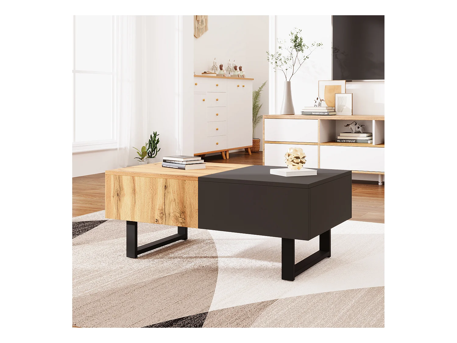 Tavolino da caffè scorrevole moderno multifunzionale, con vano portaoggetti nascosto, in truciolato, metallo naturale e antracite (155x55x40 cm)