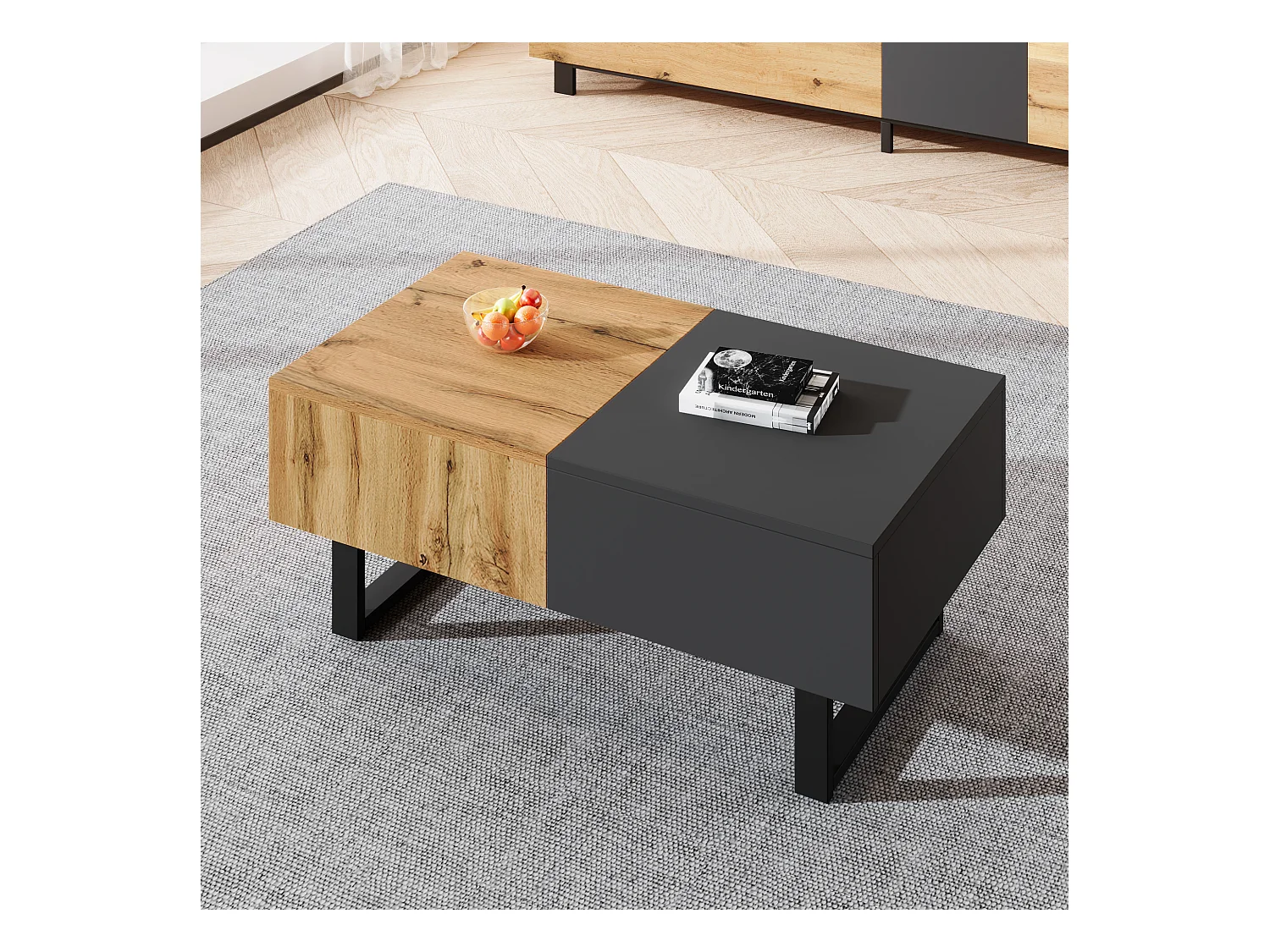 Tavolino da caffè scorrevole moderno multifunzionale, con vano portaoggetti nascosto, in truciolato, metallo naturale e antracite (155x55x40 cm)