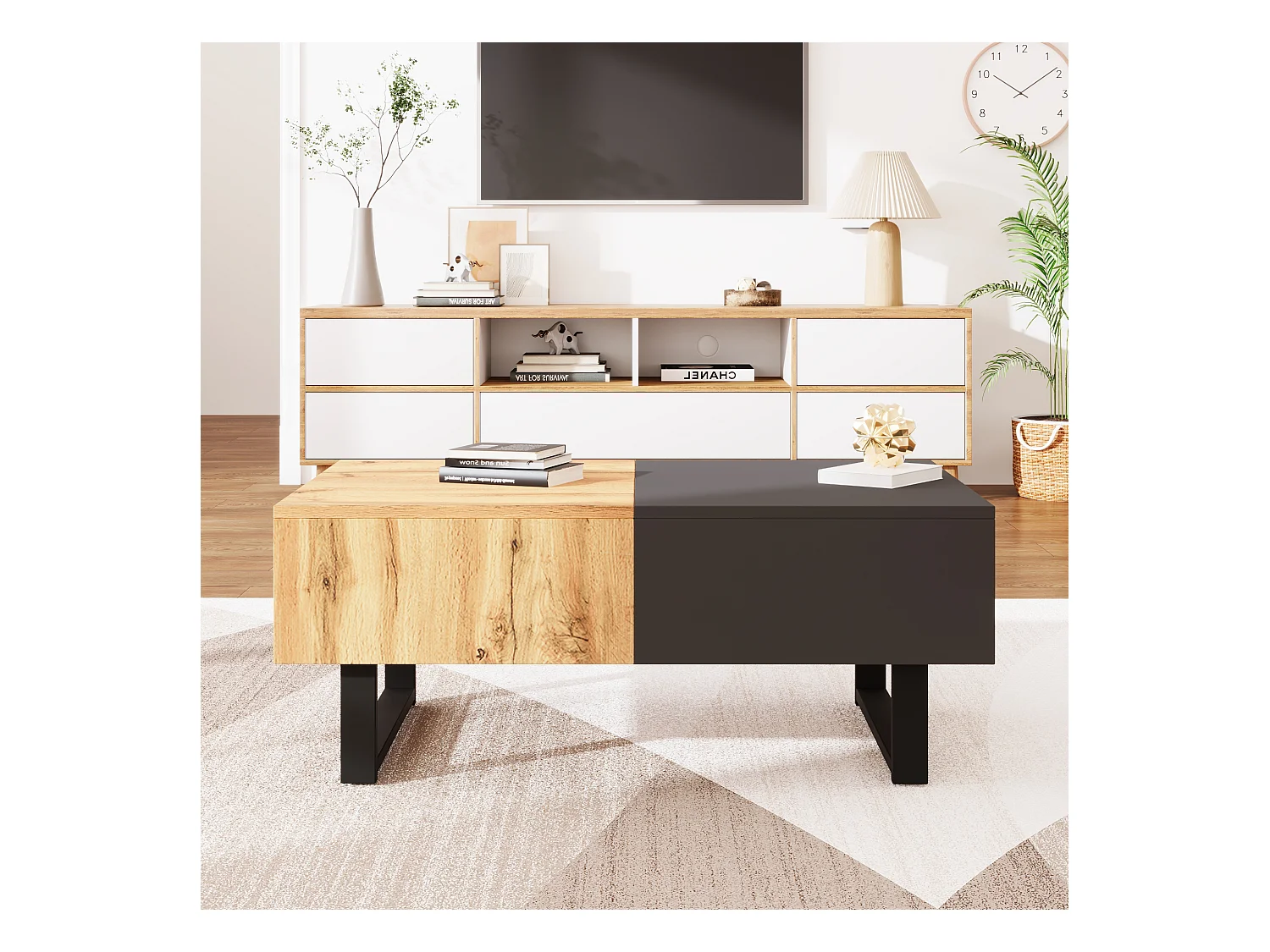 Tavolino da caffè scorrevole moderno multifunzionale, con vano portaoggetti nascosto, in truciolato, metallo naturale e antracite (155x55x40 cm)