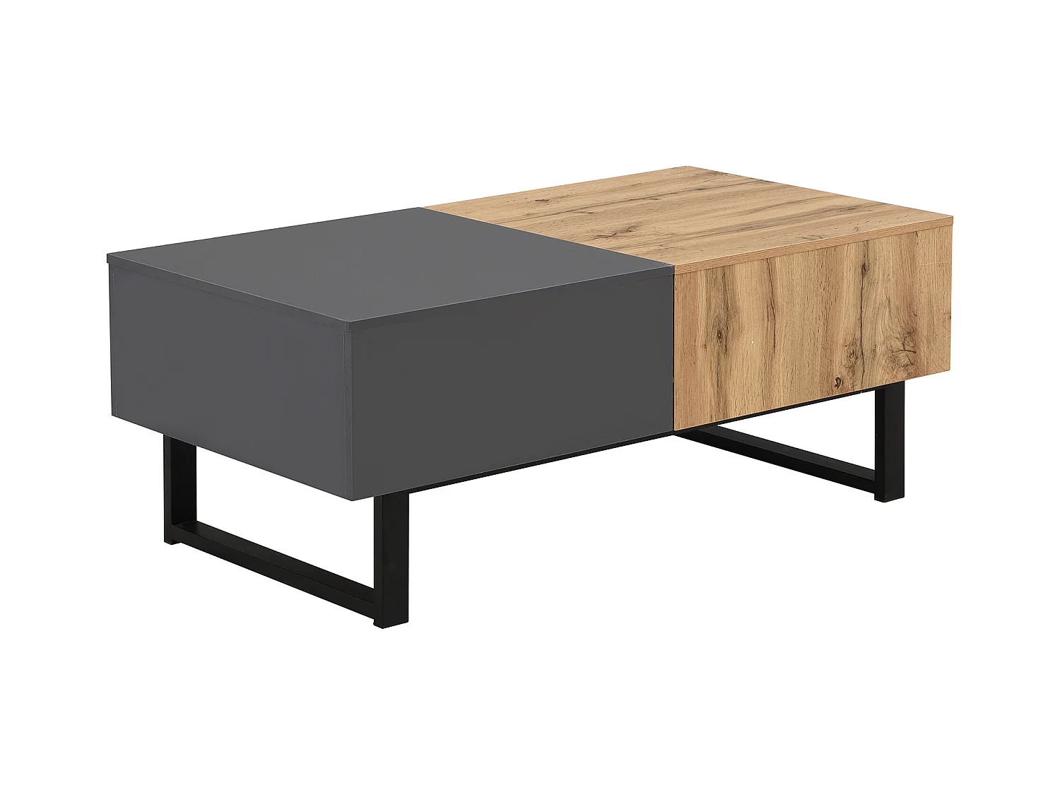 Tavolino da caffè scorrevole moderno multifunzionale, con vano portaoggetti nascosto, in truciolato, metallo naturale e antracite (155x55x40 cm)