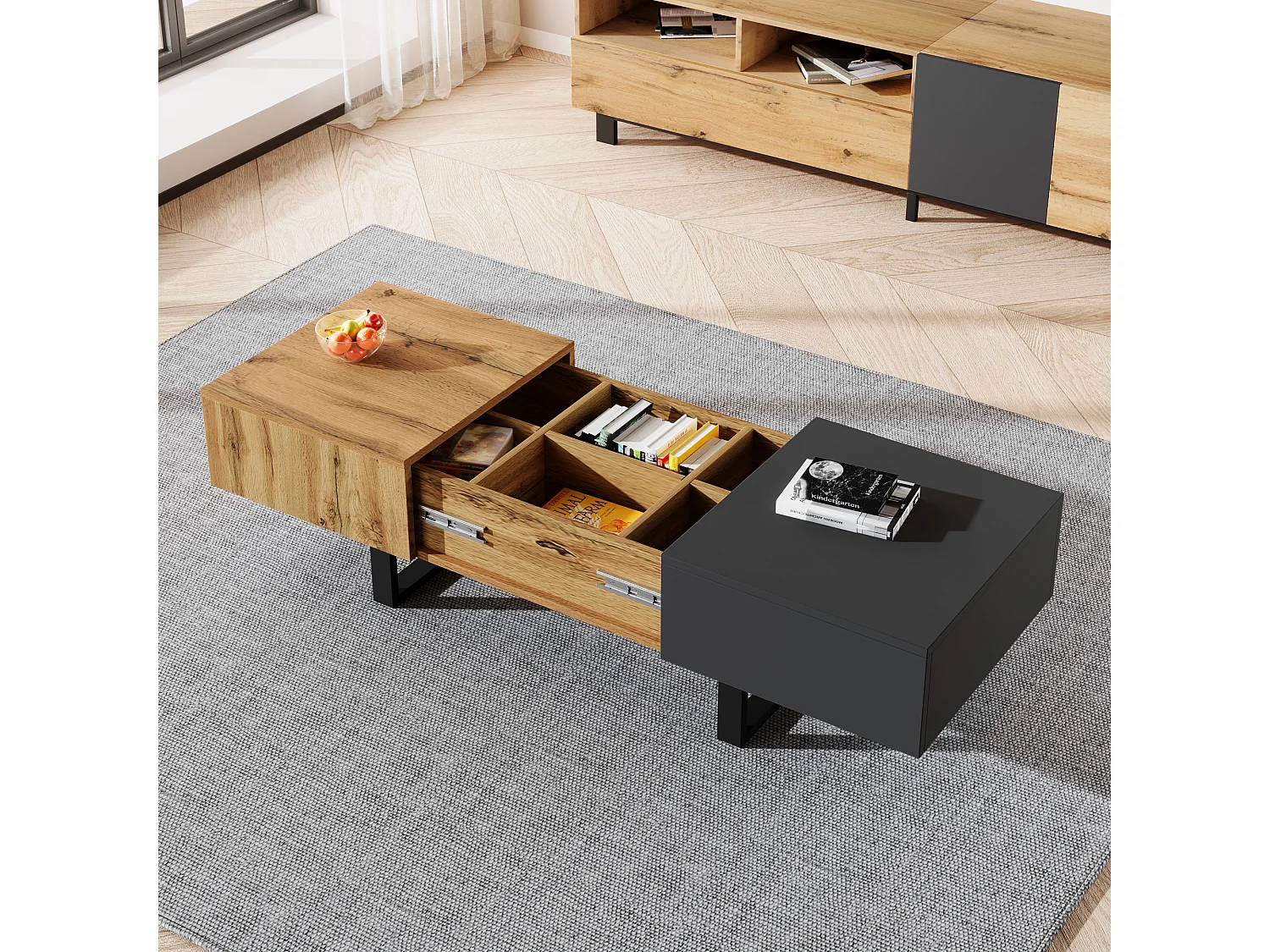 Table basse multifonctionnelle moderne coulissante, rangement caché, panneau en particules, métal naturel et anthracite (155x55x40cm)