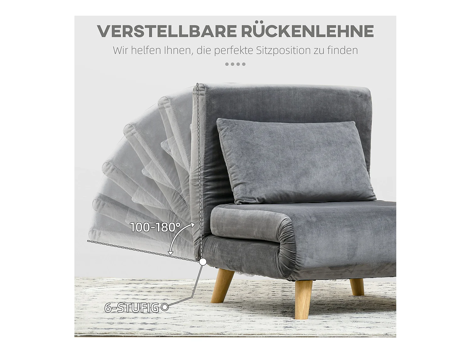 Fauteuil convertible avec coussin, dossier réglable 6 positions, velours gris (72x78x79cm)