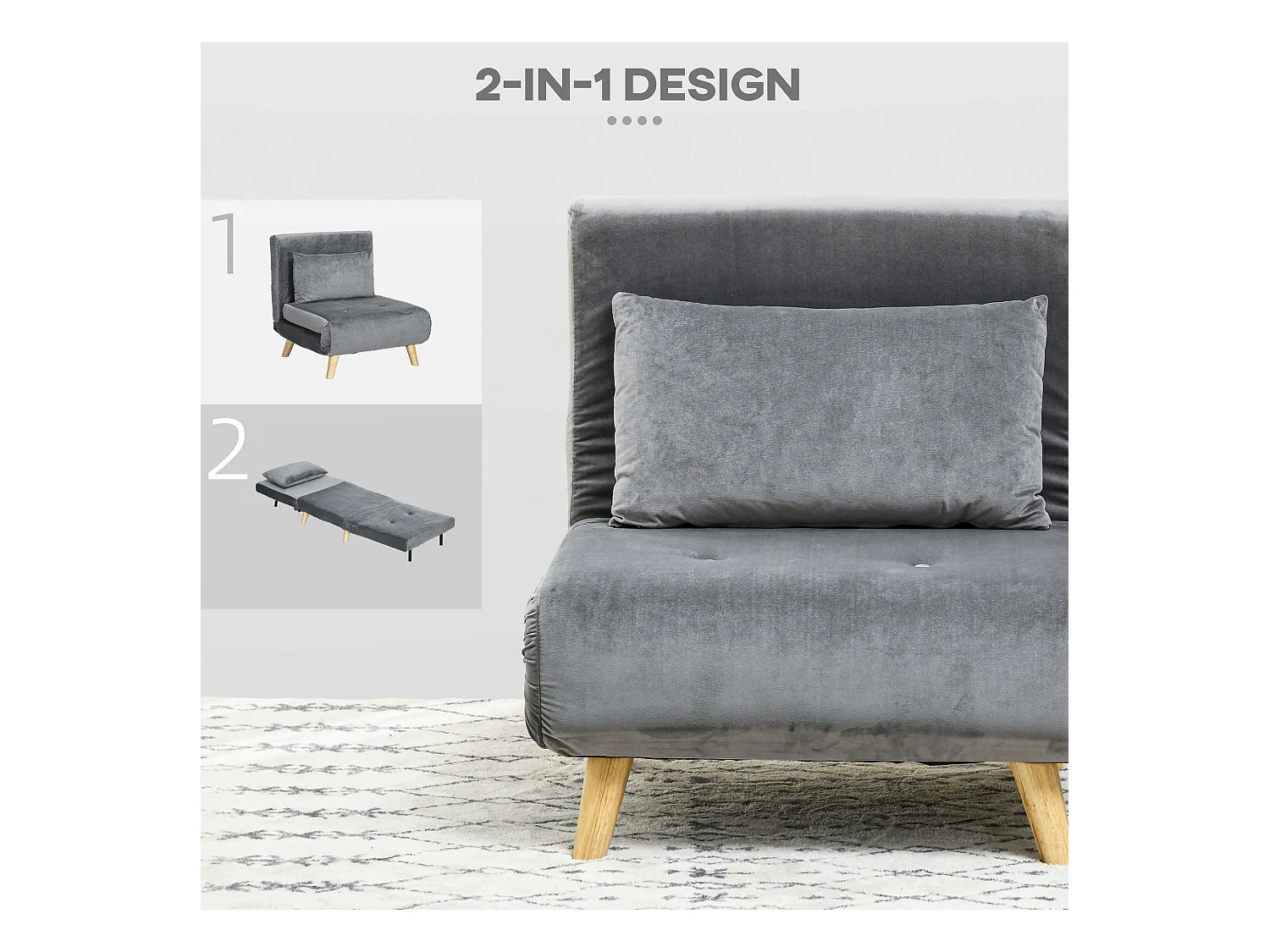 Fauteuil convertible avec coussin, dossier réglable 6 positions, velours gris (72x78x79cm)
