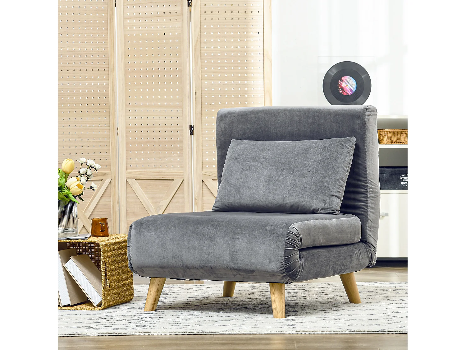 Fauteuil convertible avec coussin, dossier réglable 6 positions, velours gris (72x78x79cm)