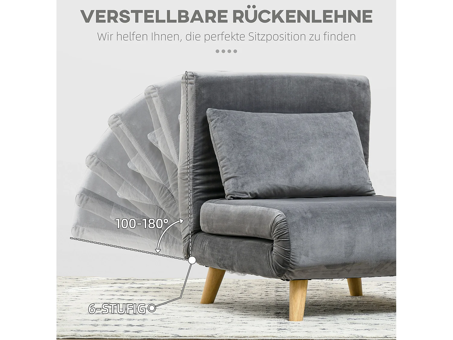 Fauteuil convertible avec coussin, dossier réglable 6 positions, velours gris (72x78x79cm)