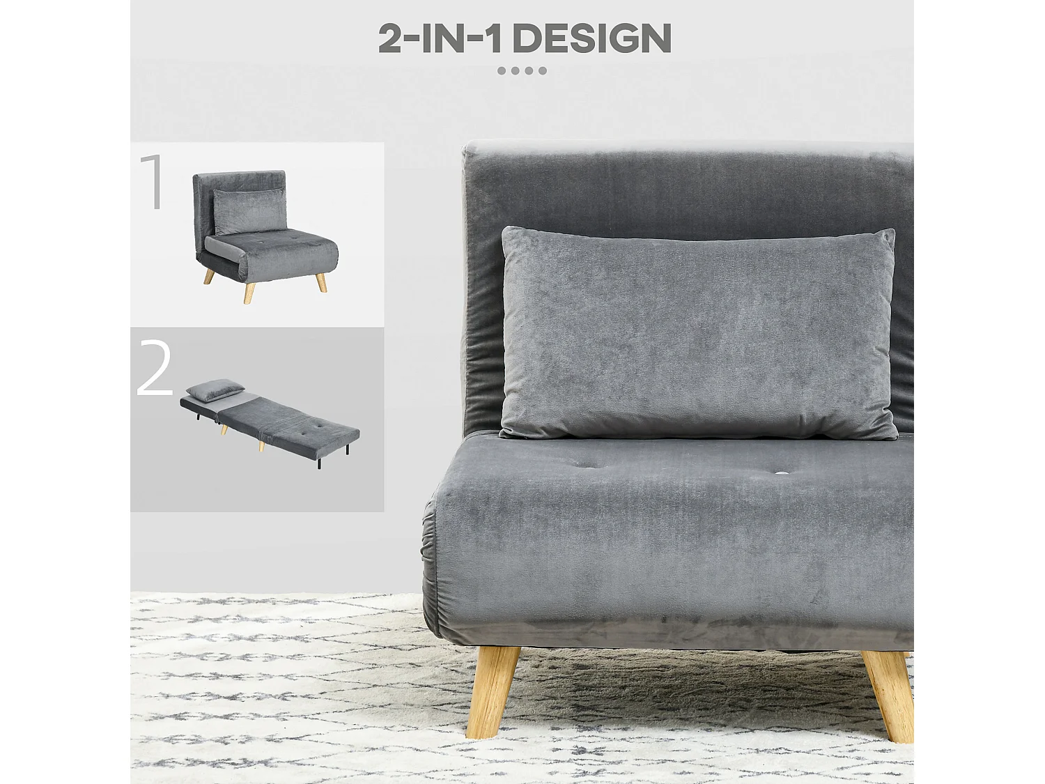 Fauteuil convertible avec coussin, dossier réglable 6 positions, velours gris (72x78x79cm)