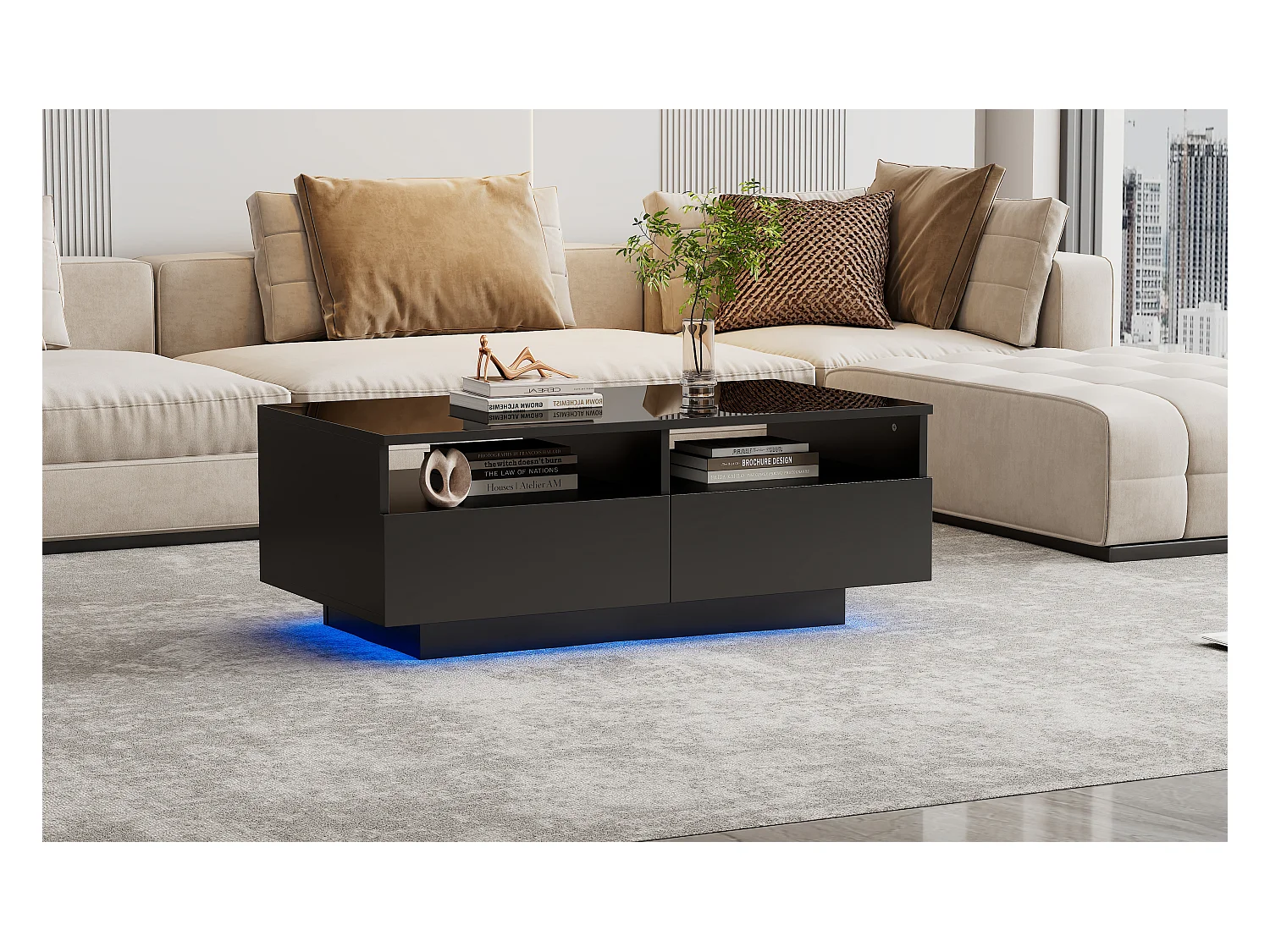 Table basse laquée LED avec 2 tiroirs, panneau de particules, noire (95x50x35cm)