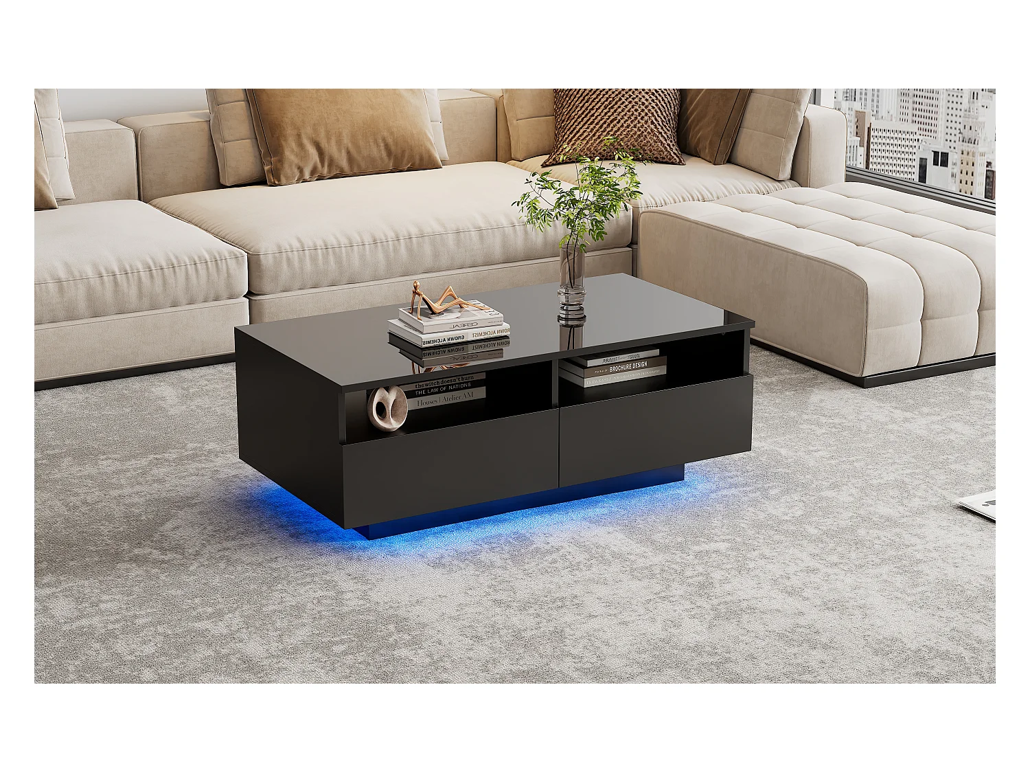 Table basse laquée LED avec 2 tiroirs, panneau de particules, noire (95x50x35cm)