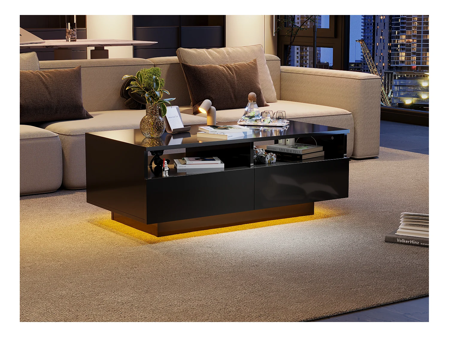 Table basse laquée LED avec 2 tiroirs, panneau de particules, noire (95x50x35cm)