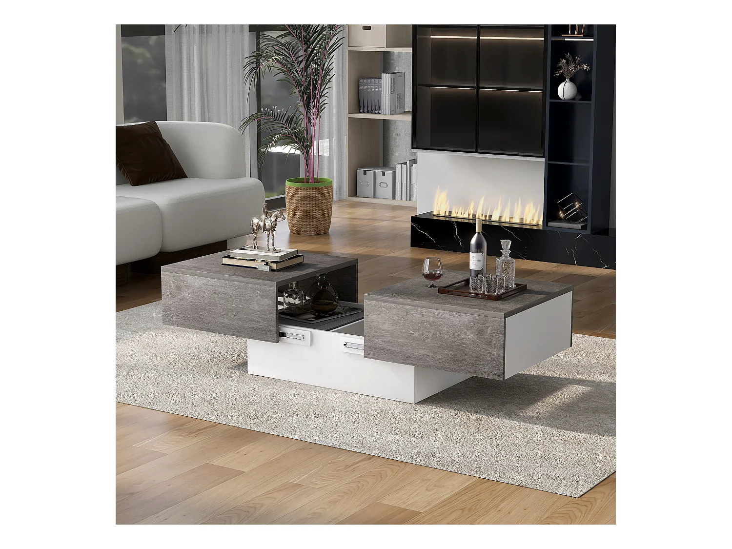 Table basse universelle à finition laquée avec plateau extensible et rangement, panneau de particules, gris (91x62.5x45 cm)