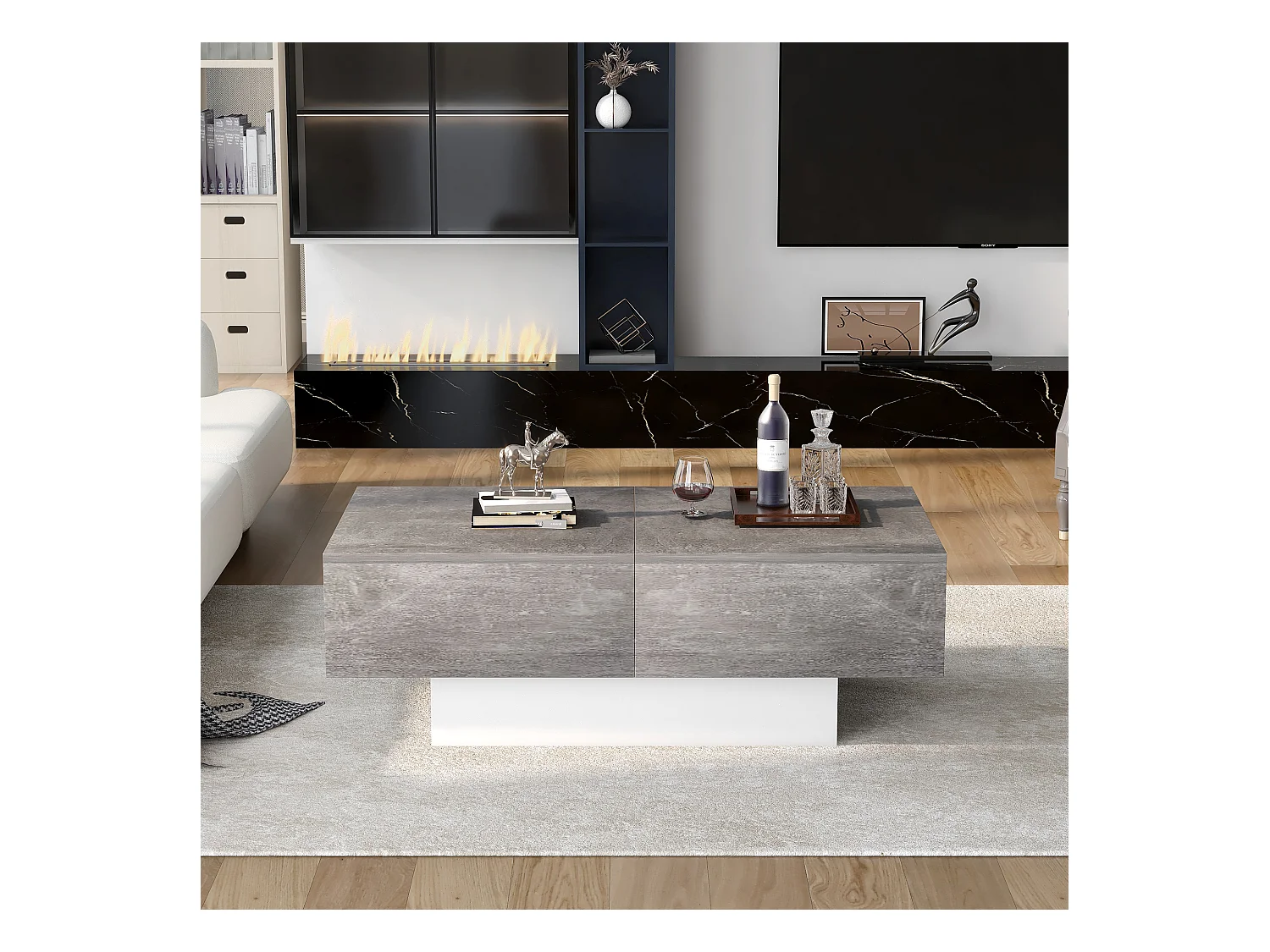 Table basse universelle à finition laquée avec plateau extensible et rangement, panneau de particules, gris (91x62.5x45 cm)