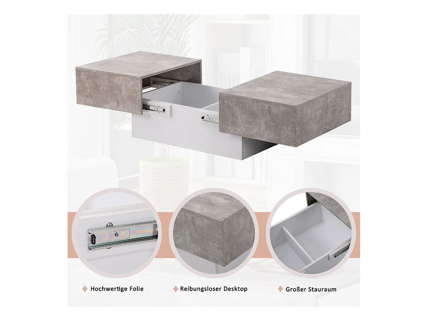 Table basse universelle à finition laquée avec plateau extensible et rangement, panneau de particules, gris (91x62.5x45 cm)