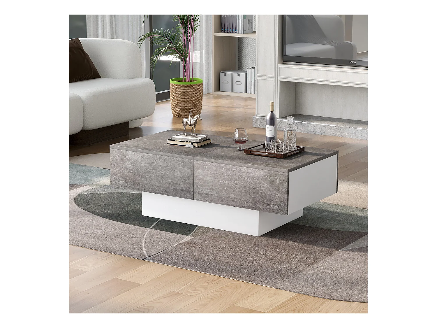 Table basse universelle à finition laquée avec plateau extensible et rangement, panneau de particules, gris (91x62.5x45 cm)