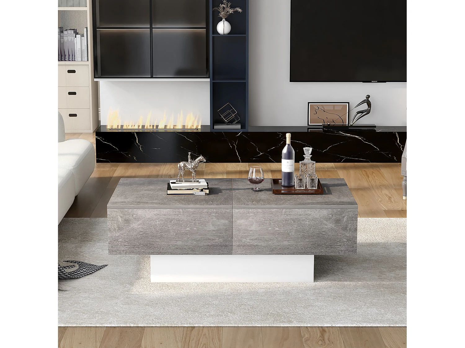 Tavolino universale con finitura laccata, piano allungabile e contenitore, pannello truciolare, grigio (91x62,5x45 cm)