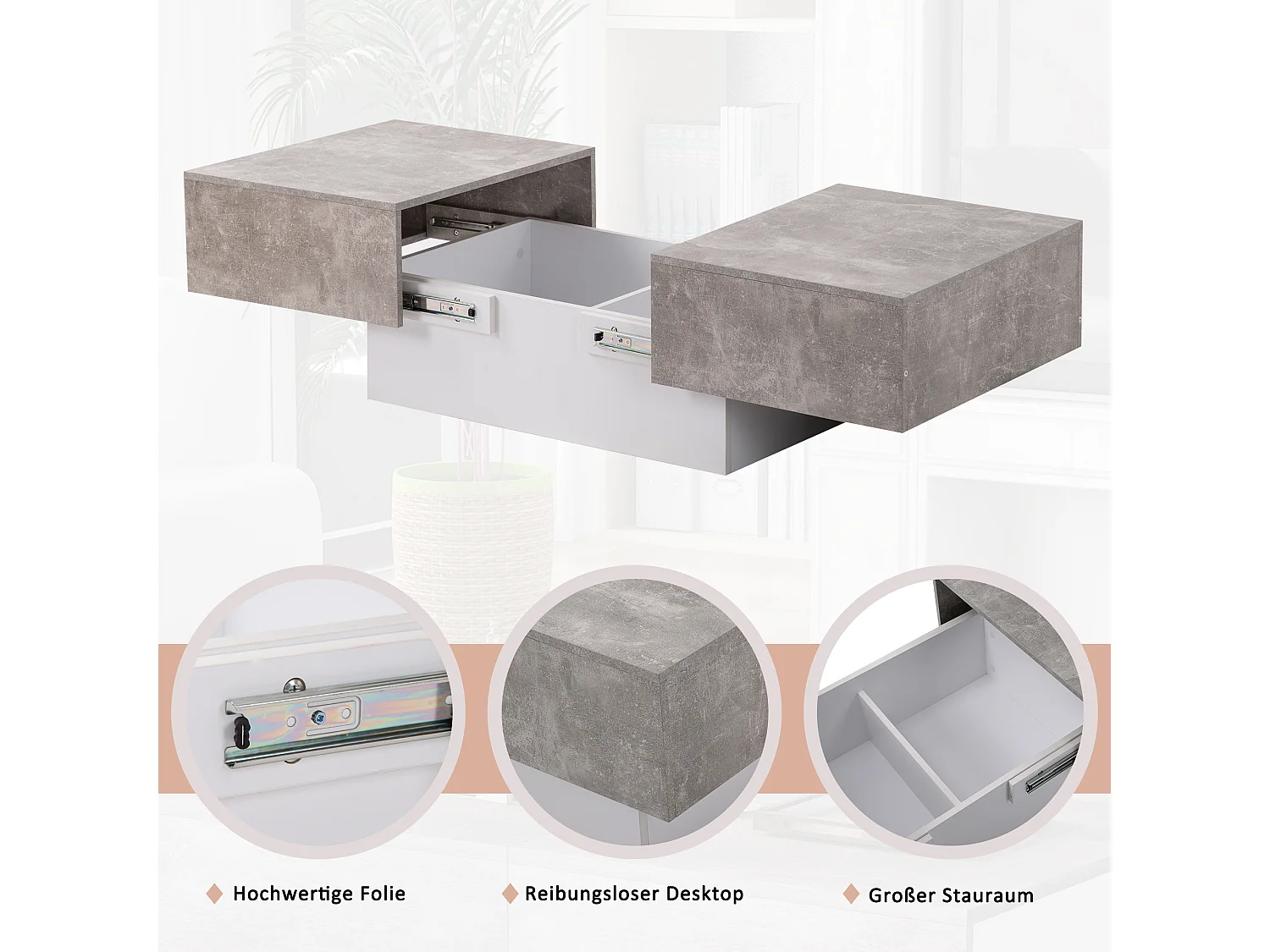 Tavolino universale con finitura laccata, piano allungabile e contenitore, pannello truciolare, grigio (91x62,5x45 cm)