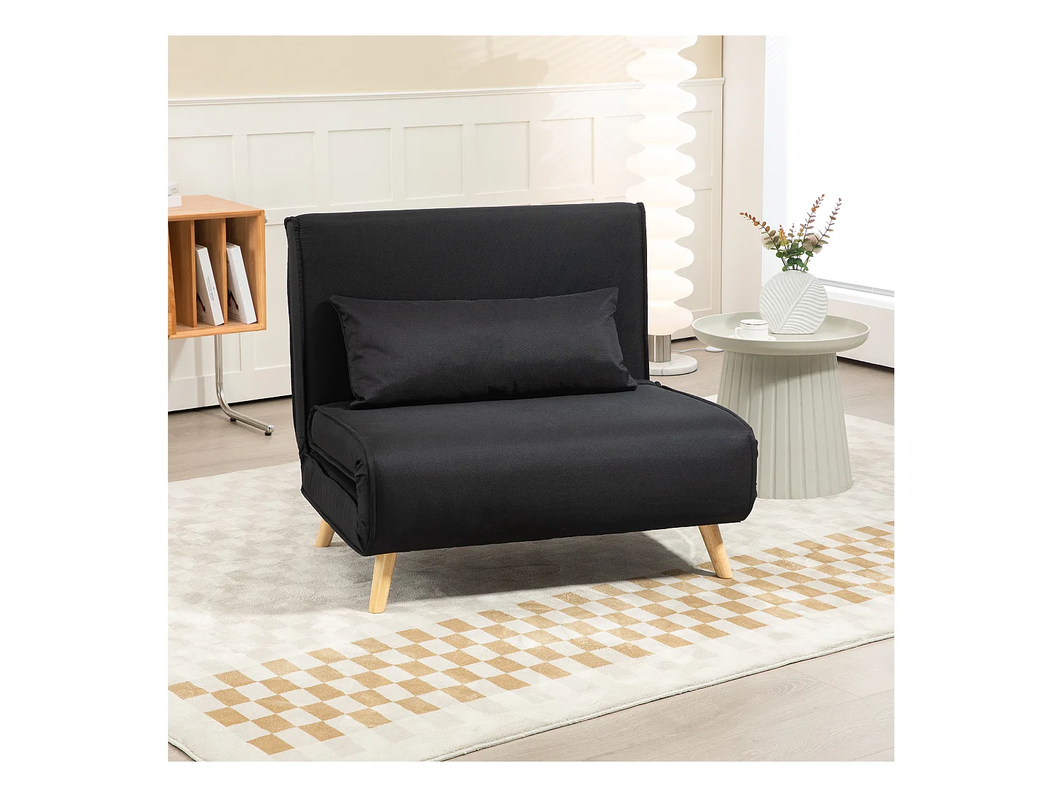 2-in-1 converteerbare fauteuil met verstelbare rugleuning, linnen stof, houten poten, zwart (94x78x80cm)