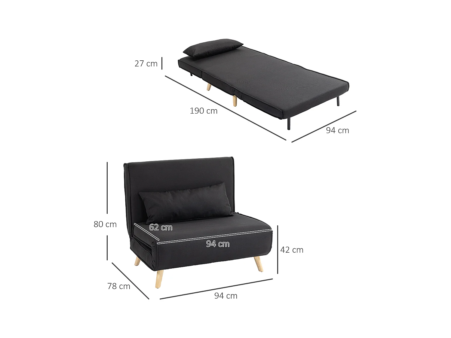 2-in-1 converteerbare fauteuil met verstelbare rugleuning, linnen stof, houten poten, zwart (94x78x80cm)