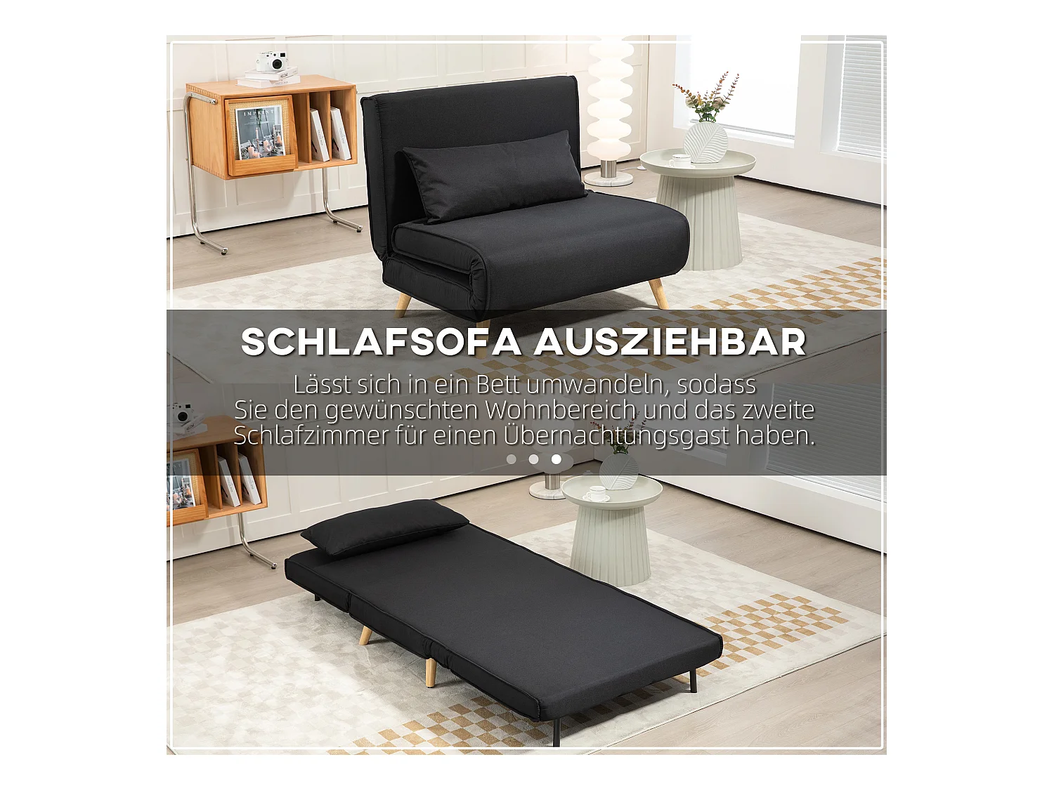 2-in-1 converteerbare fauteuil met verstelbare rugleuning, linnen stof, houten poten, zwart (94x78x80cm)