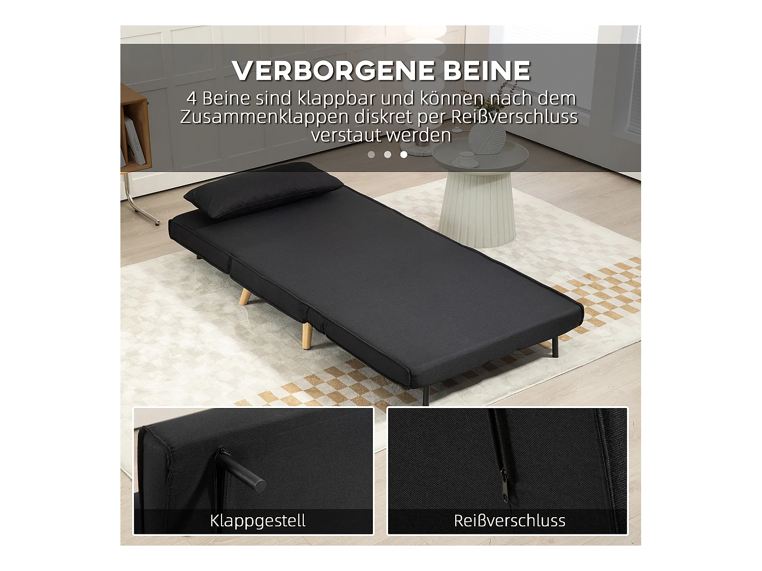 2-in-1 converteerbare fauteuil met verstelbare rugleuning, linnen stof, houten poten, zwart (94x78x80cm)