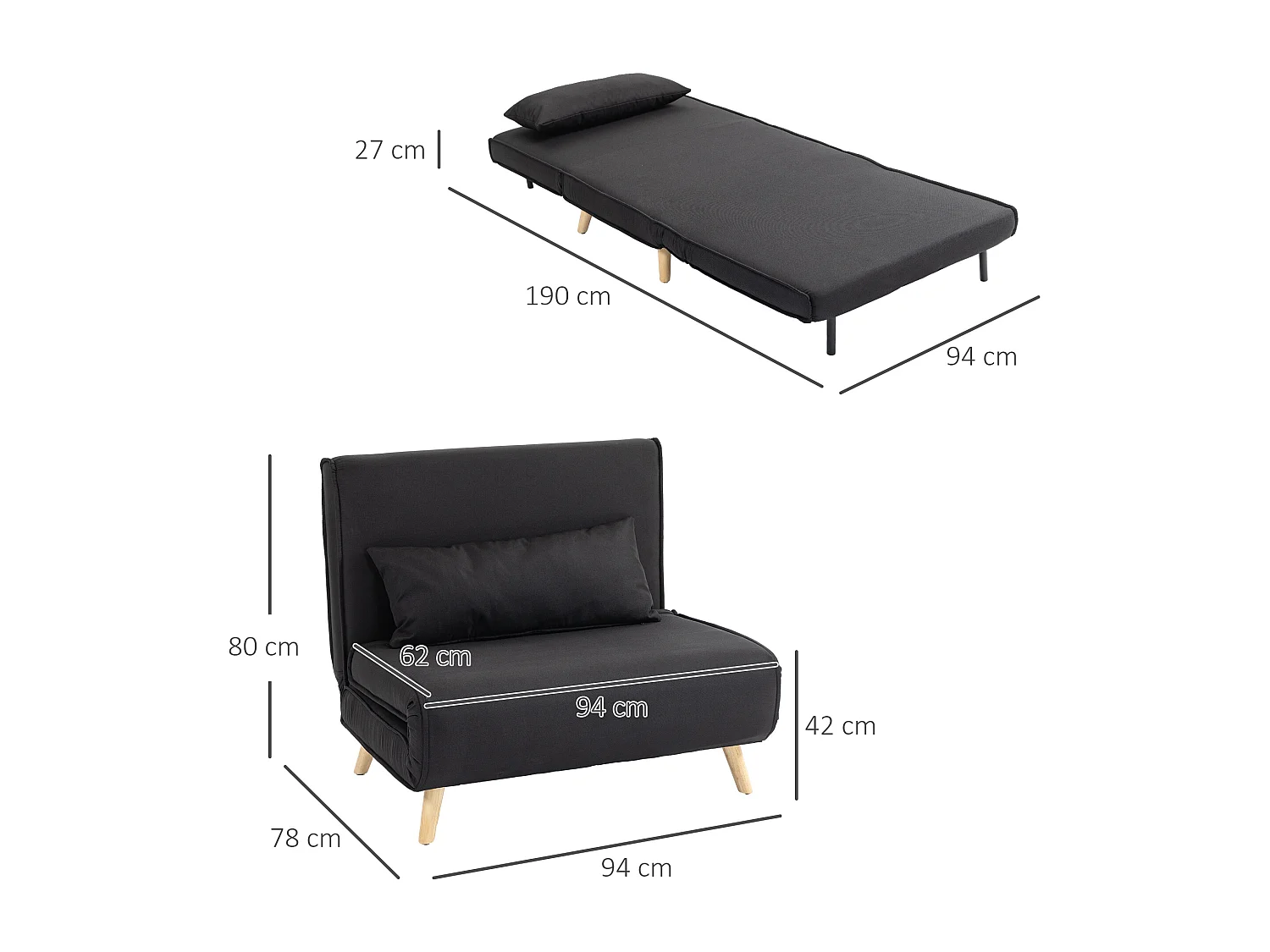 Fauteuil convertible 2-en-1 avec dossier réglable, tissu lin, pieds en bois, noir (94x78x80cm)