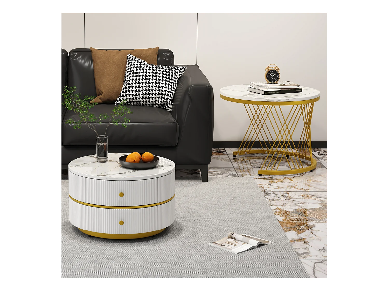 Set de 2 tables basses gigognes rondes, finition marbre brillant, MDF, blanc (60x60x46cm & 50x50x30.8cm)