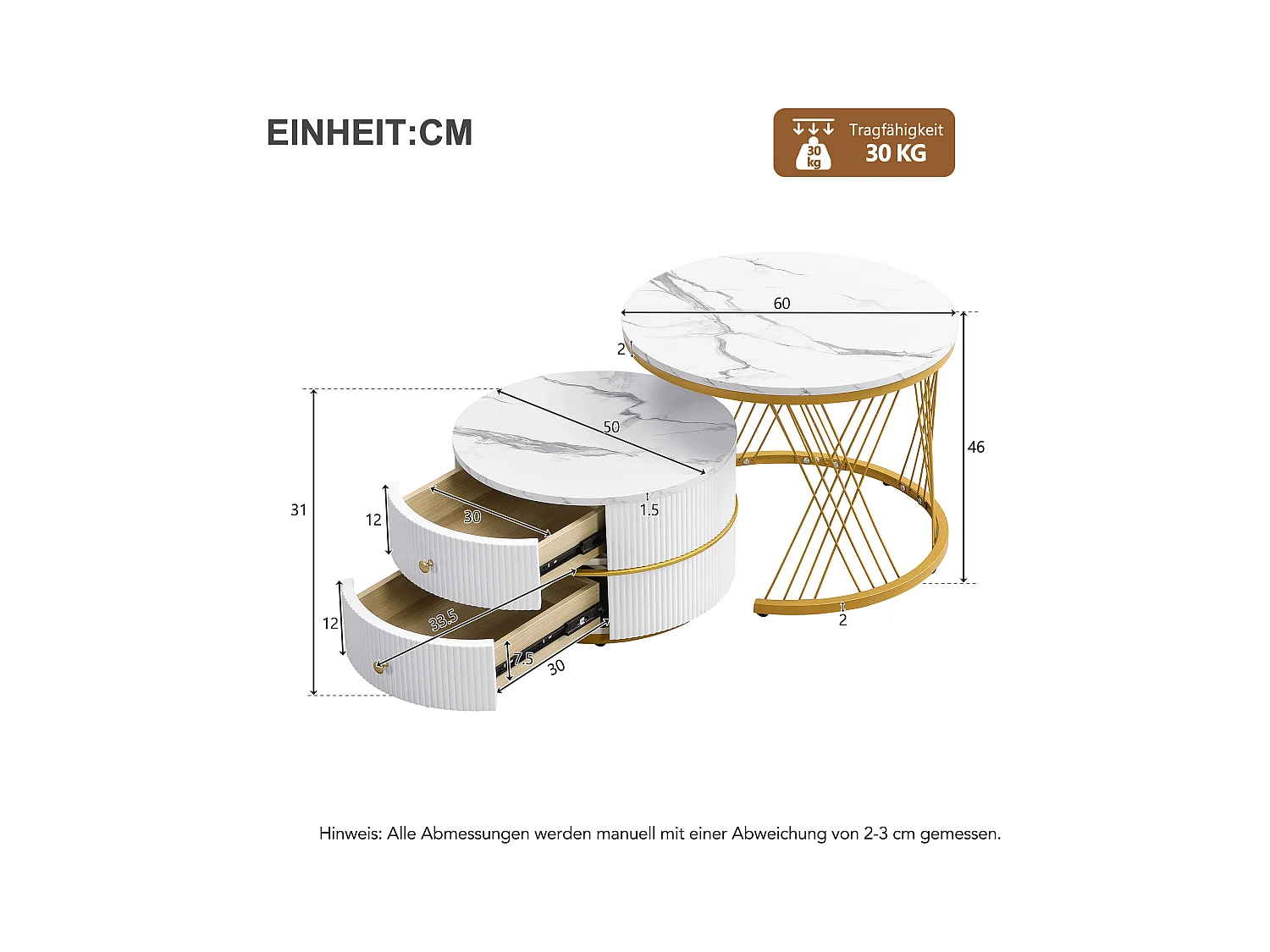 Set de 2 tables basses gigognes rondes, finition marbre brillant, MDF, blanc (60x60x46cm & 50x50x30.8cm)
