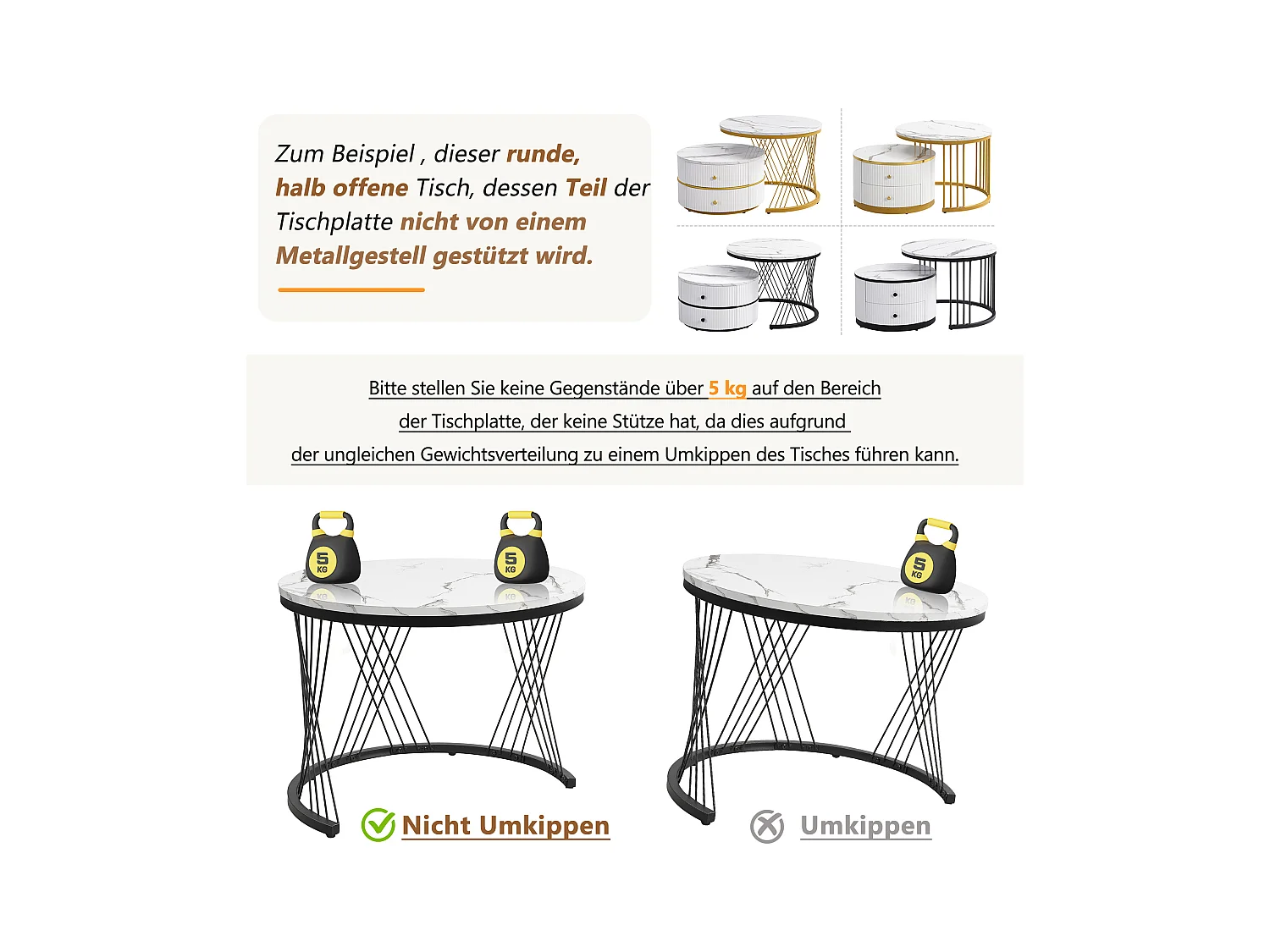 Set de 2 tables basses gigognes rondes, finition marbre brillant, MDF, blanc (60x60x46cm & 50x50x30.8cm)