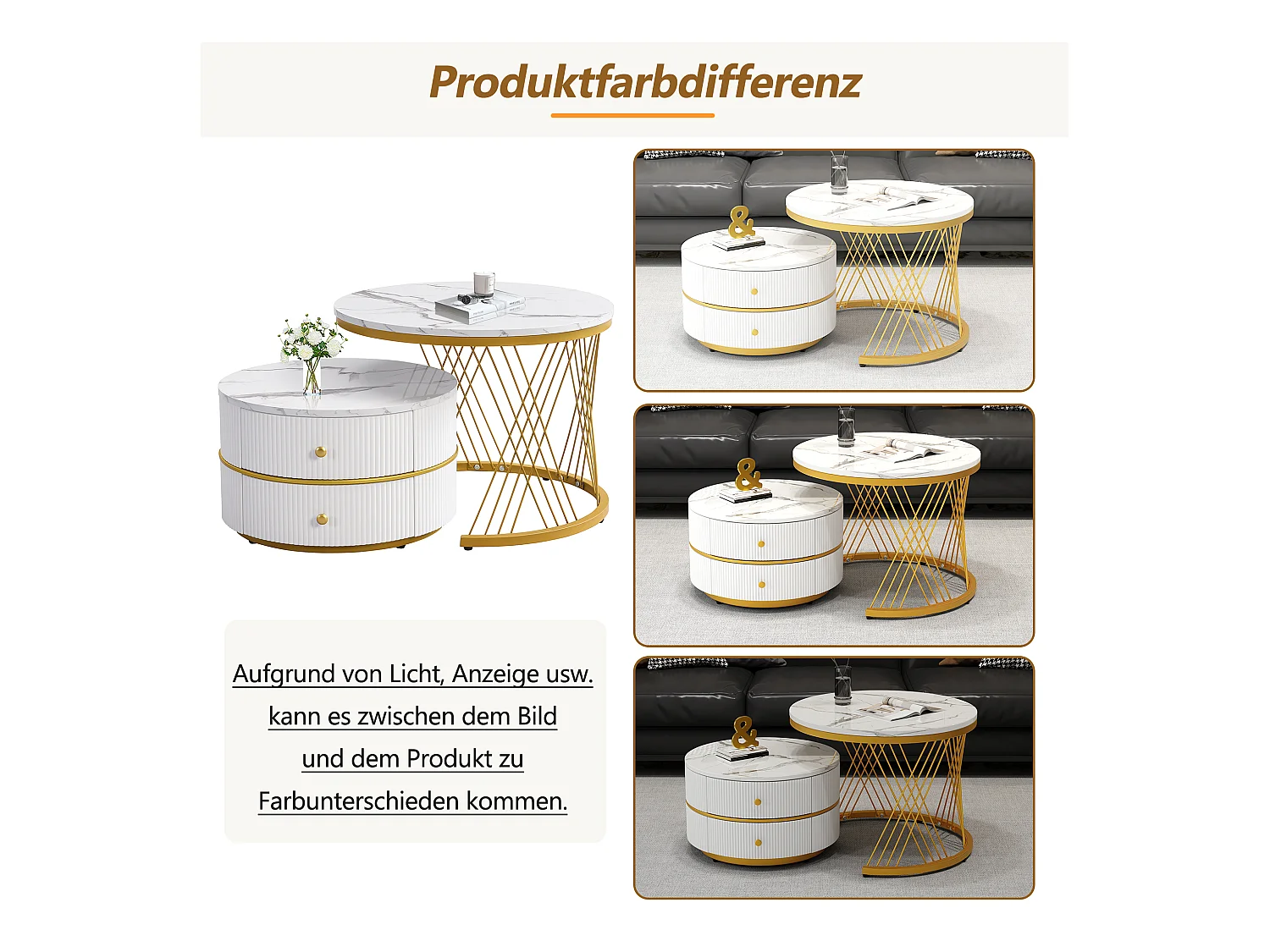 Set de 2 tables basses gigognes rondes, finition marbre brillant, MDF, blanc (60x60x46cm & 50x50x30.8cm)