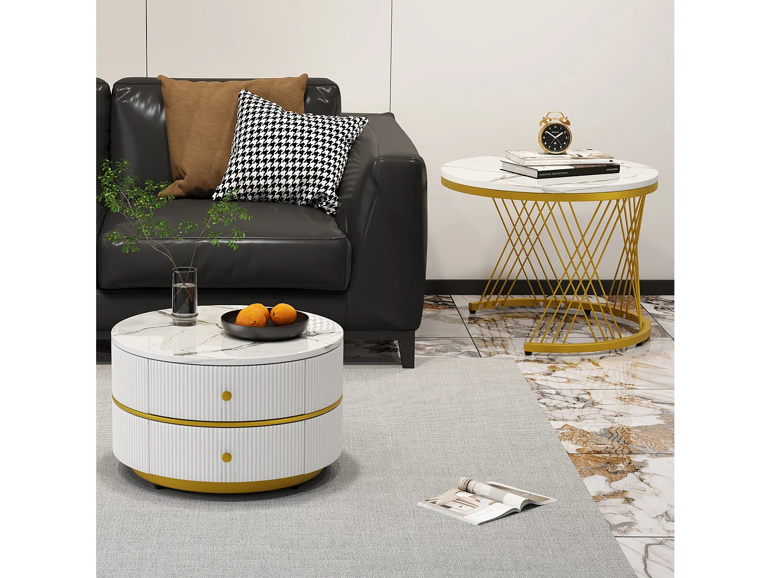 Set de 2 tables basses gigognes rondes, finition marbre brillant, MDF, blanc (60x60x46cm & 50x50x30.8cm)