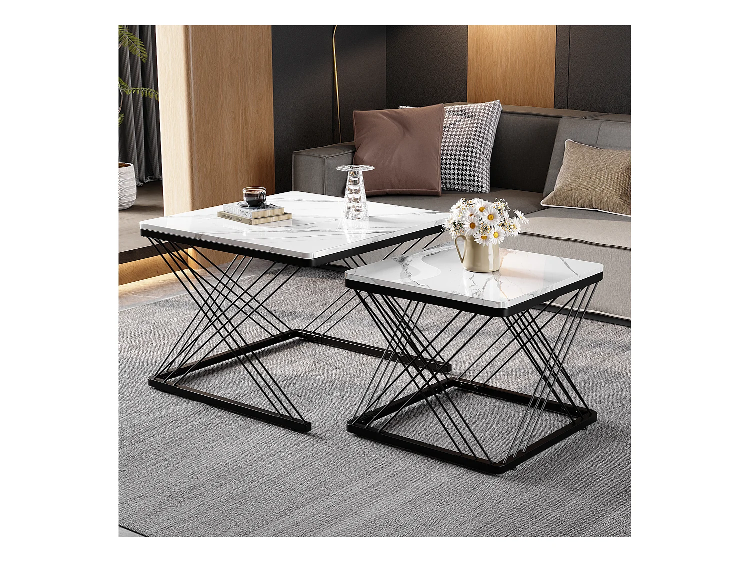 Set de 2 tables basses carrées, finition marbre brillant, pieds réglables, MDF, blanc (60x60x45cm & 45x45x40cm)