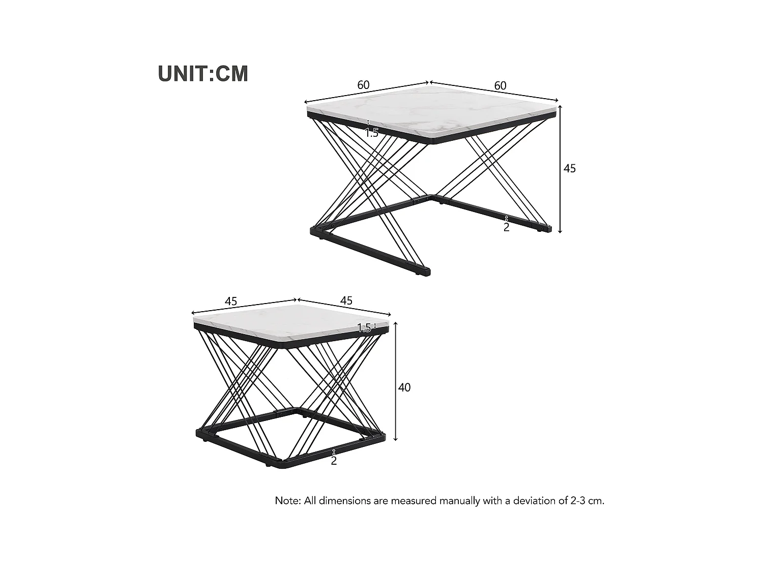 Set de 2 tables basses carrées, finition marbre brillant, pieds réglables, MDF, blanc (60x60x45cm & 45x45x40cm)