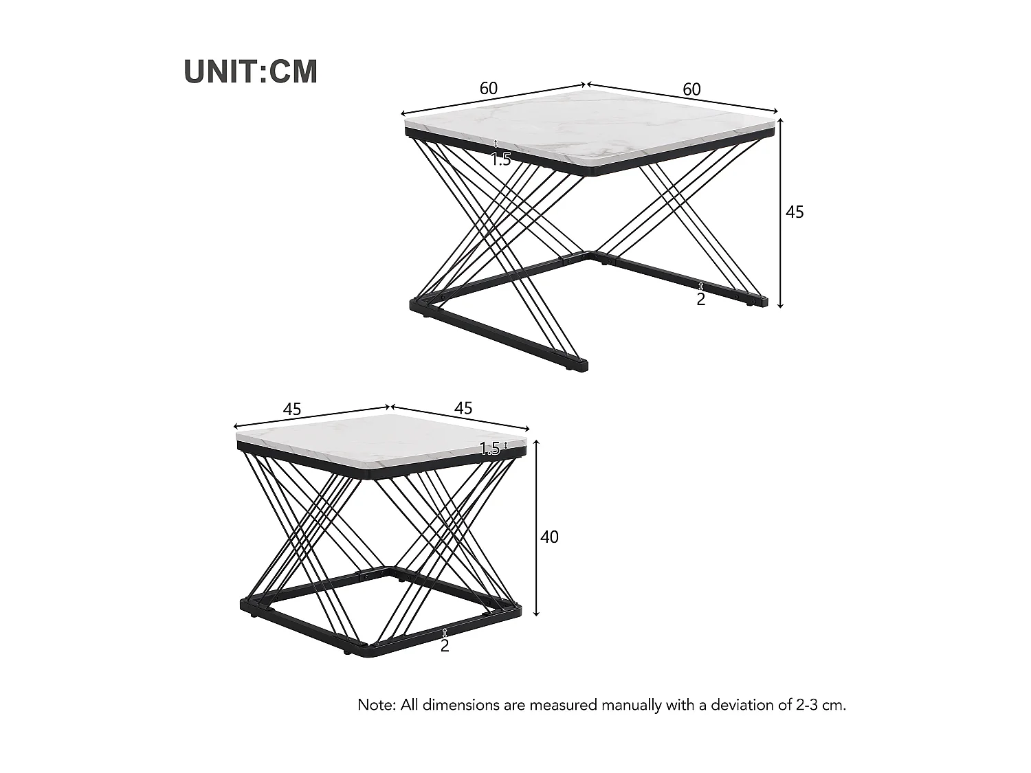 Set de 2 tables basses carrées, finition marbre brillant, pieds réglables, MDF, blanc (60x60x45cm & 45x45x40cm)