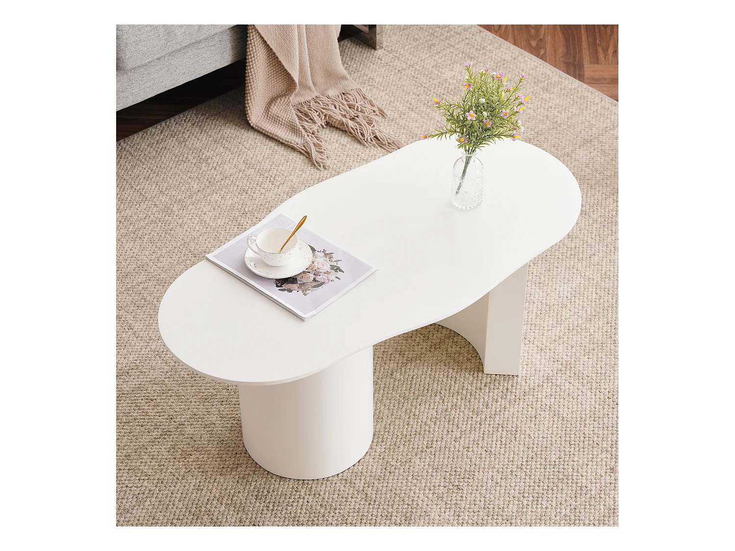 Table basse irrégulière moderne, MDF laqué blanc, plateau courbe élégant (100x40-50x40.5cm)