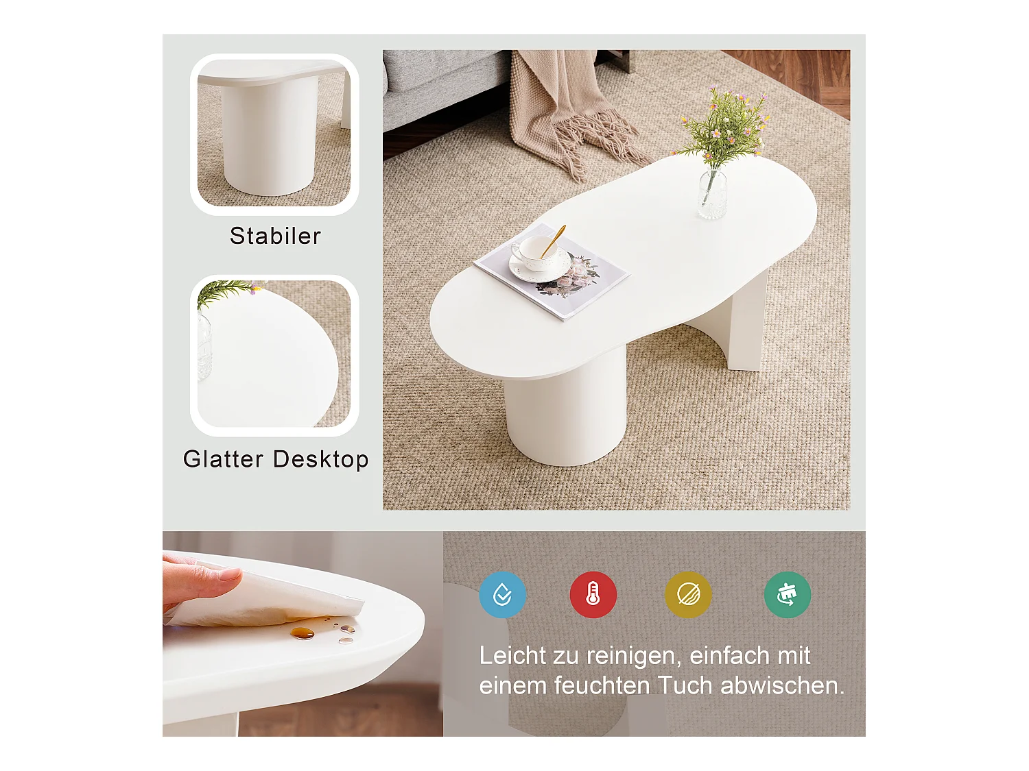 Table basse irrégulière moderne, MDF laqué blanc, plateau courbe élégant (100x40-50x40.5cm)