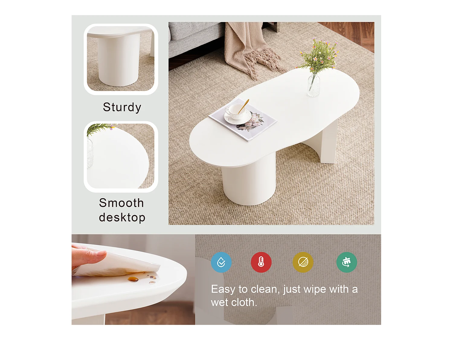 Table basse irrégulière moderne, MDF laqué blanc, plateau courbe élégant (100x40-50x40.5cm)