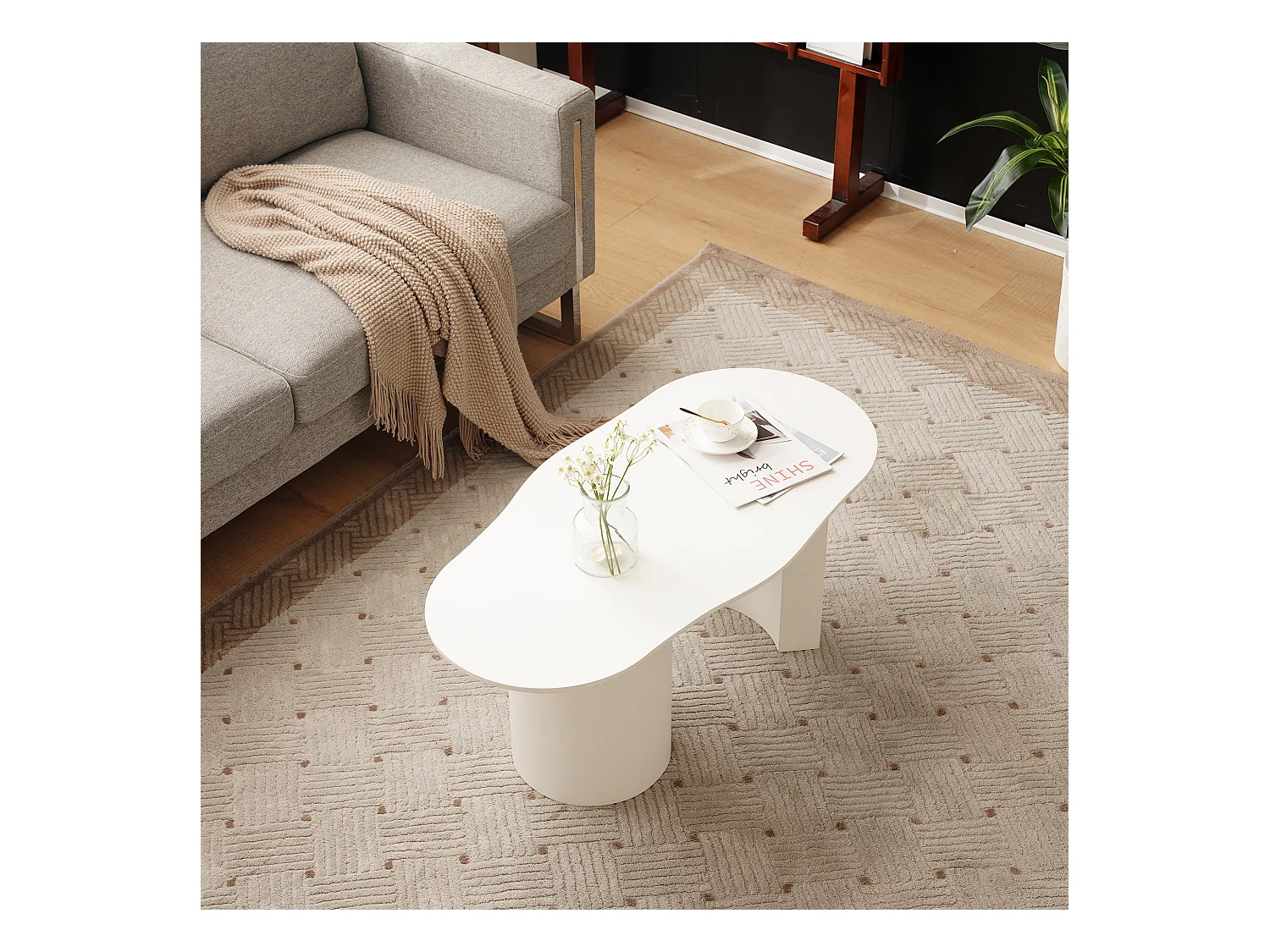 Table basse irrégulière moderne, MDF laqué blanc, plateau courbe élégant (100x40-50x40.5cm)