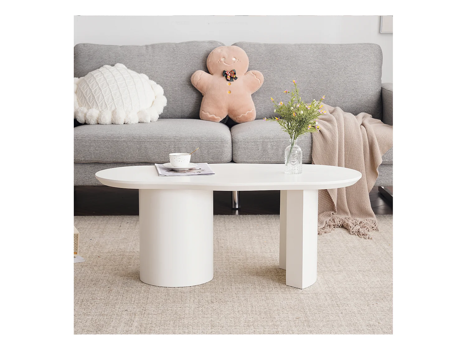 Table basse irrégulière moderne, MDF laqué blanc, plateau courbe élégant (100x40-50x40.5cm)