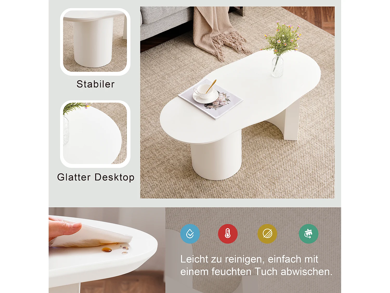 Table basse irrégulière moderne, MDF laqué blanc, plateau courbe élégant (100x40-50x40.5cm)