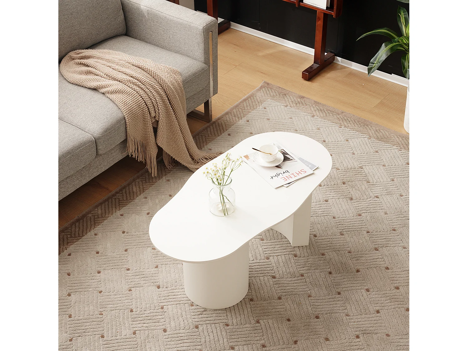 Table basse irrégulière moderne, MDF laqué blanc, plateau courbe élégant (100x40-50x40.5cm)